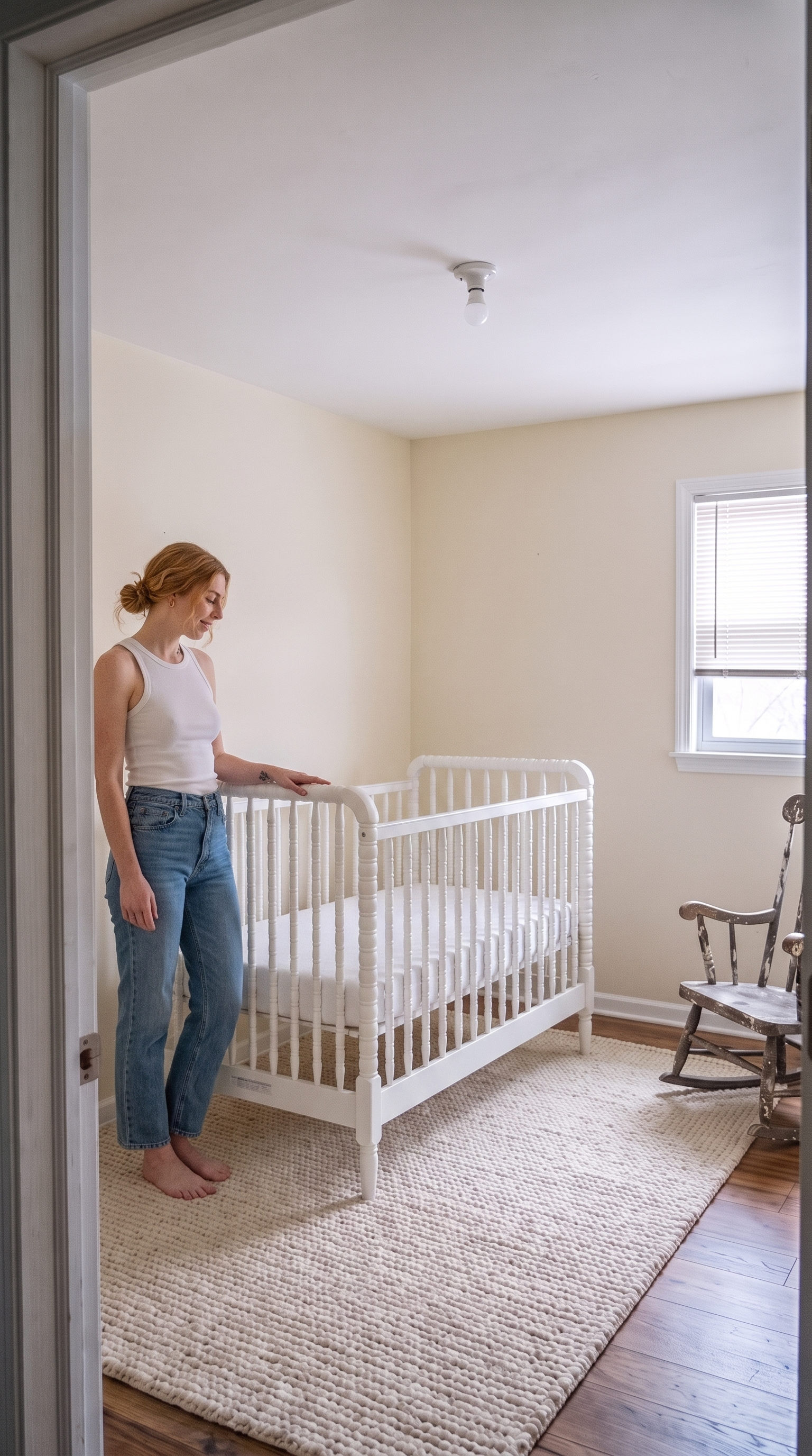 A white-painted solid wood spindle crib assembled and placed centered against the back wall