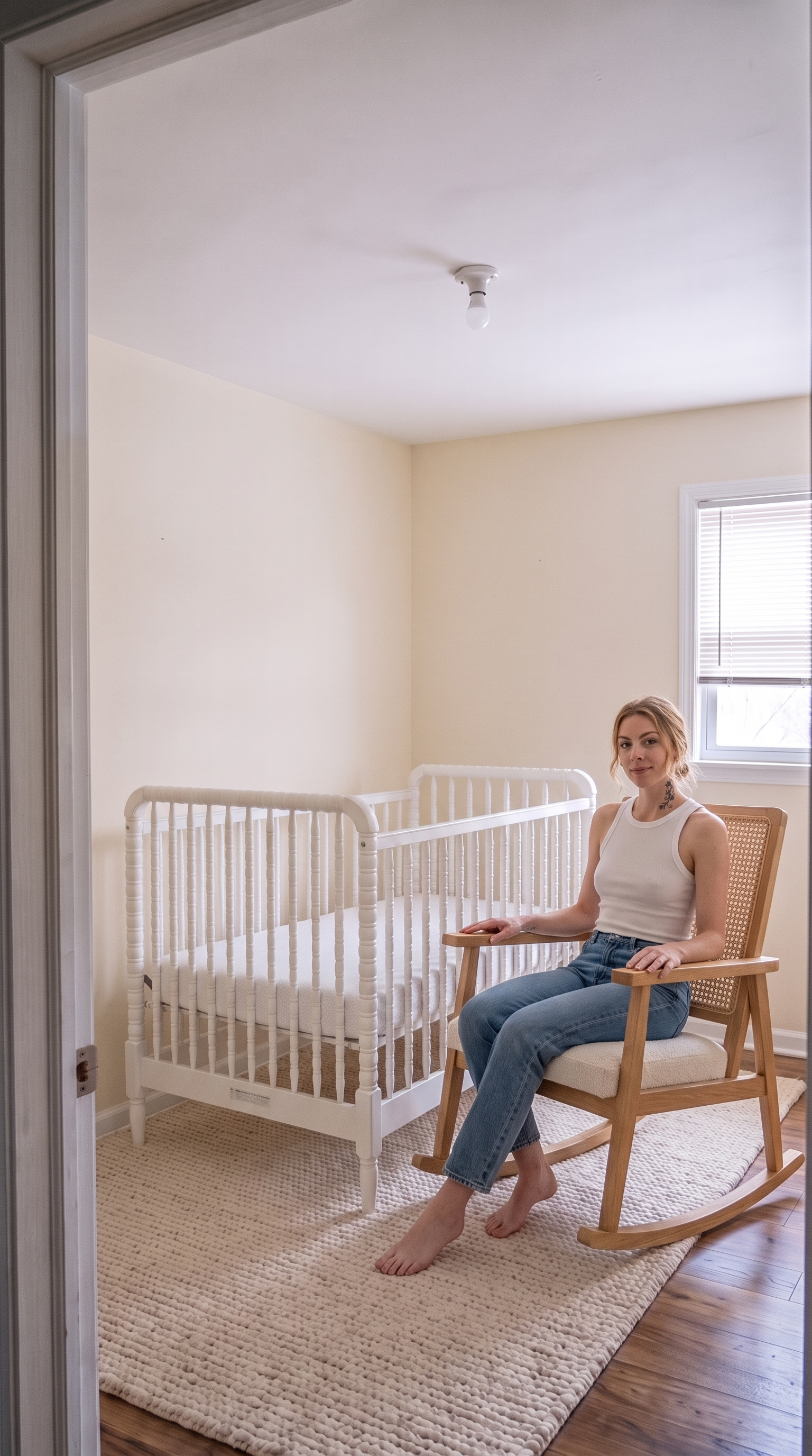 A natural light-oak rocking chair with a woven rattan cane back and an ivory boucle cushion, replacing the old distressed rocker