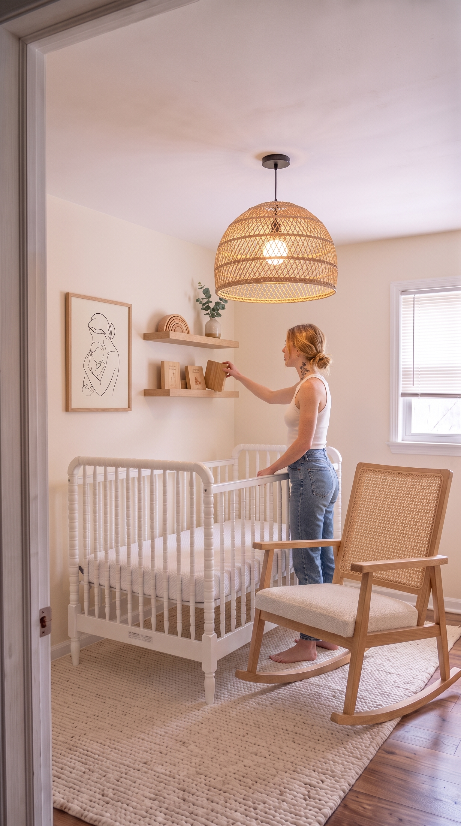 A pair of natural white oak floating shelves mounted above the crib holding a wooden Montessori rainbow, small books, and a ceramic vase with a sprig of eucalyptus, with a small framed line-art print of a mother and baby hanging beside them
