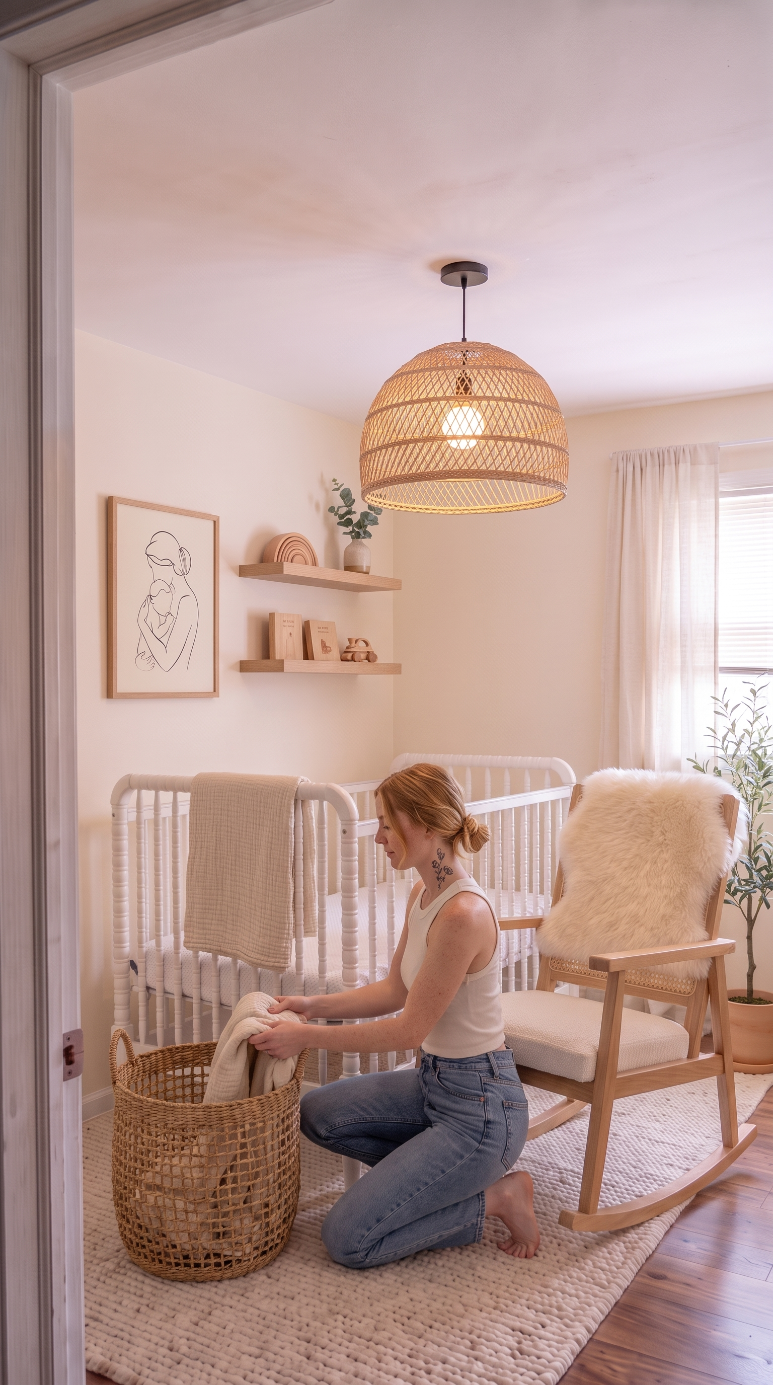Final styling: an ivory sheepskin over the rocker, an oatmeal muslin swaddle over the crib rail, a woven seagrass basket on the floor, a small potted olive tree in the corner, and a warm-cream linen curtain replacing the plastic blinds
