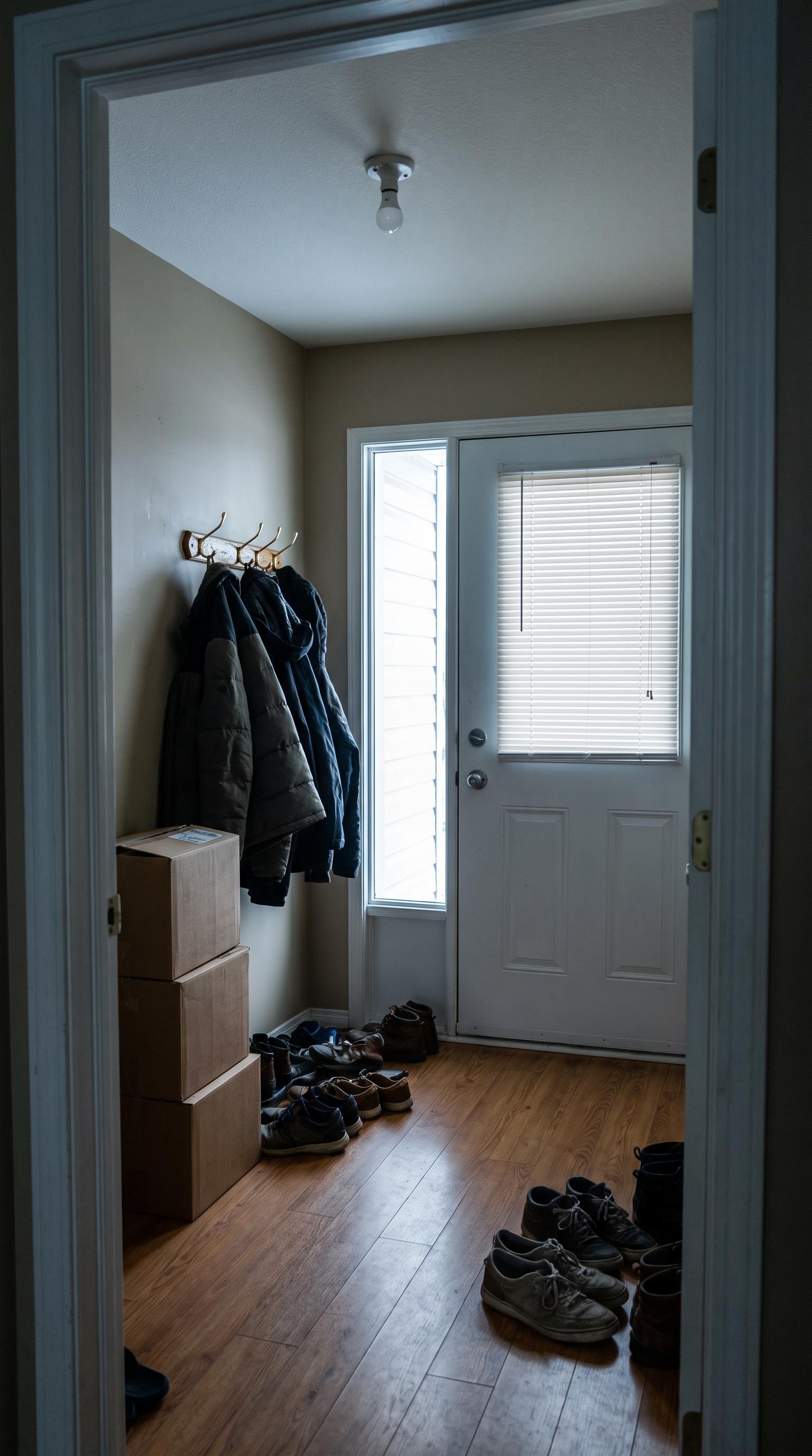 Before: a cluttered rental-style entryway with dirty scattered shoes, cardboard boxes, coats overflowing a small brass hook rail, and beige walls