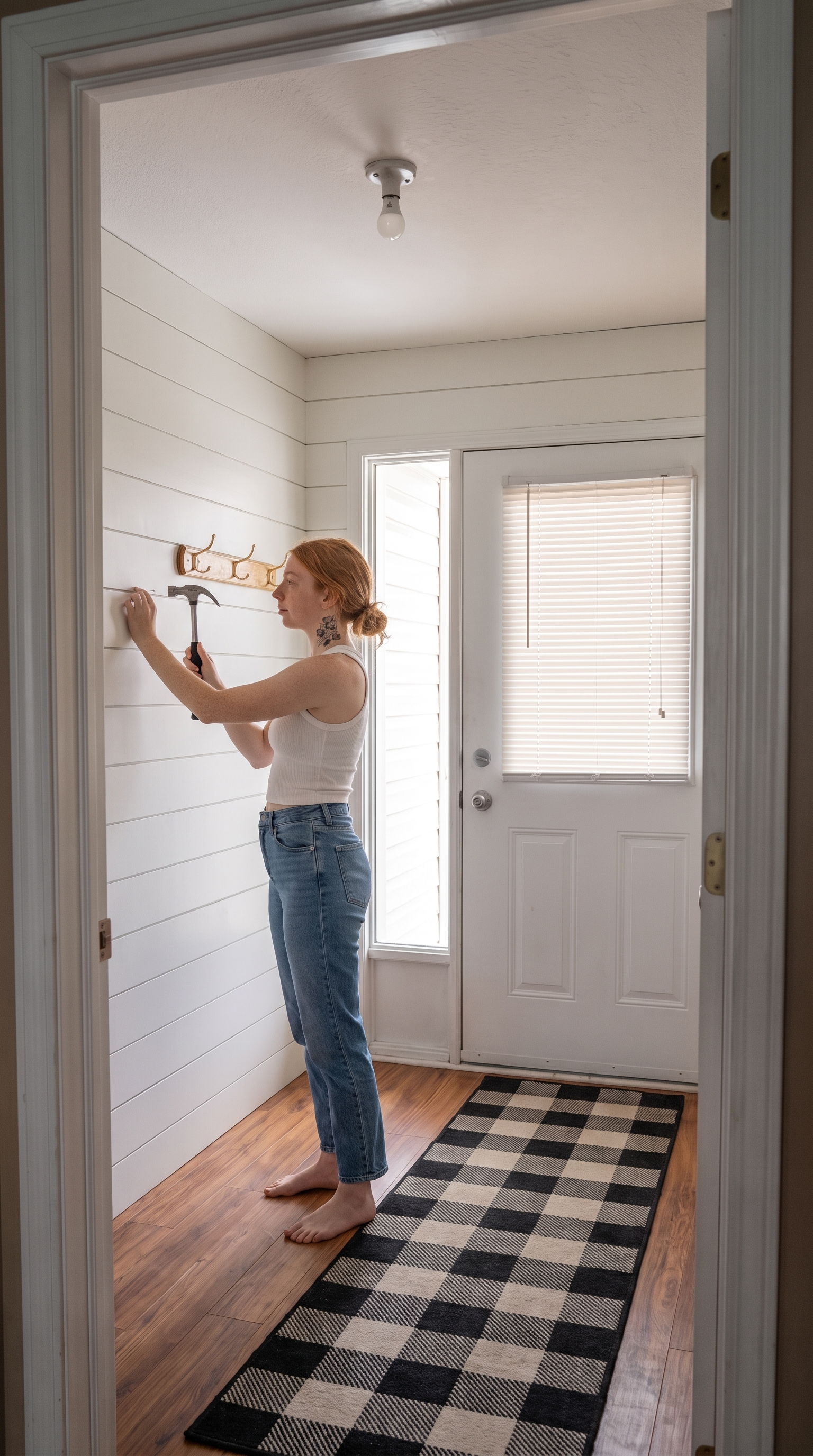 The same entryway after the walls have been clad in white horizontal shiplap, transforming the space into a bright farmhouse mudroom