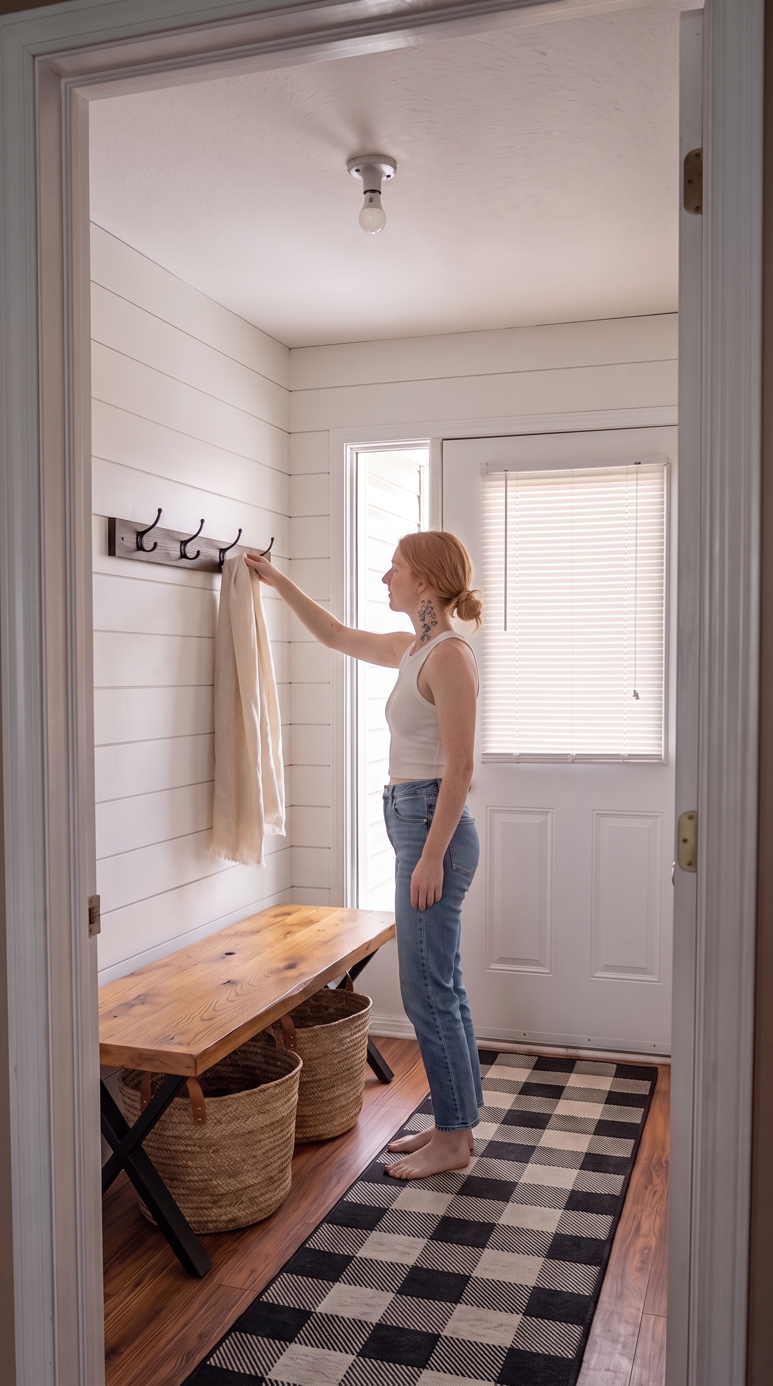 A blackened cast-iron farmhouse hook rail mounted on the shiplap above the bench, with 5 heavy double-prong hooks and a soft cream linen scarf hanging on the middle hook