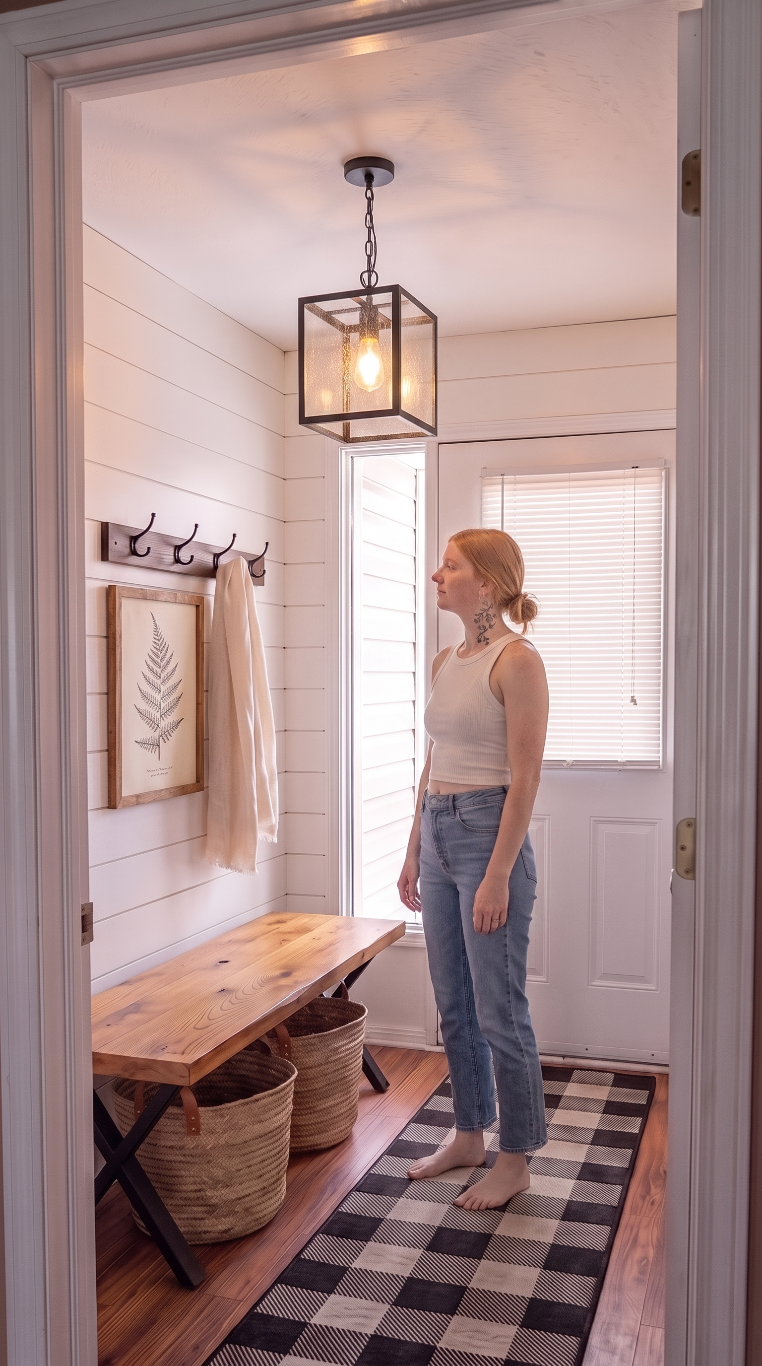 A framed vintage-botanical print of a pressed fern in a warm reclaimed-oak frame hangs on the shiplap wall directly above the bench