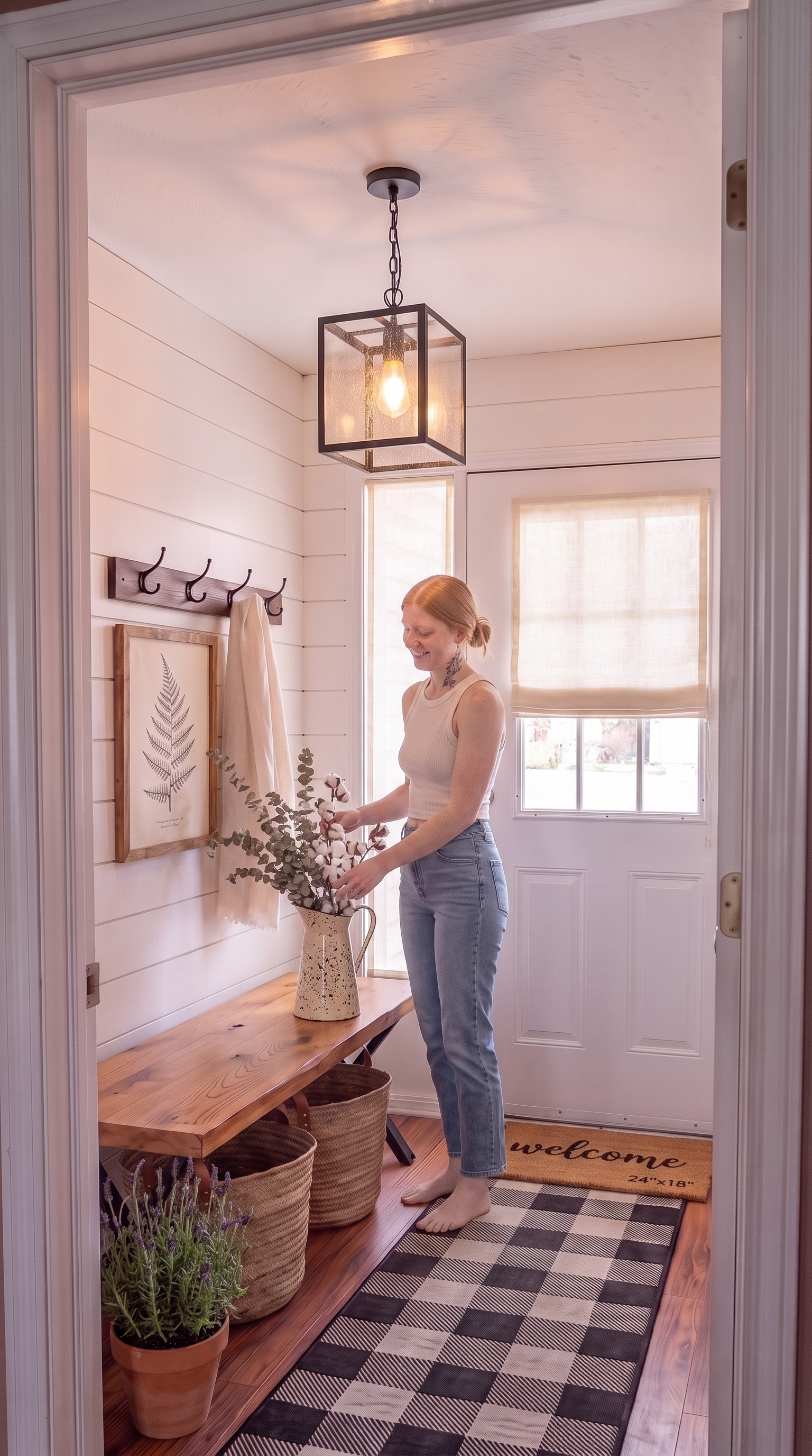 Final styling: a cream-and-navy enamelware pitcher with dried eucalyptus and cotton stems on the bench, a small potted lavender in the corner, a natural jute welcome mat at the front door, and warm cream linen roller shades replacing the plastic blinds
