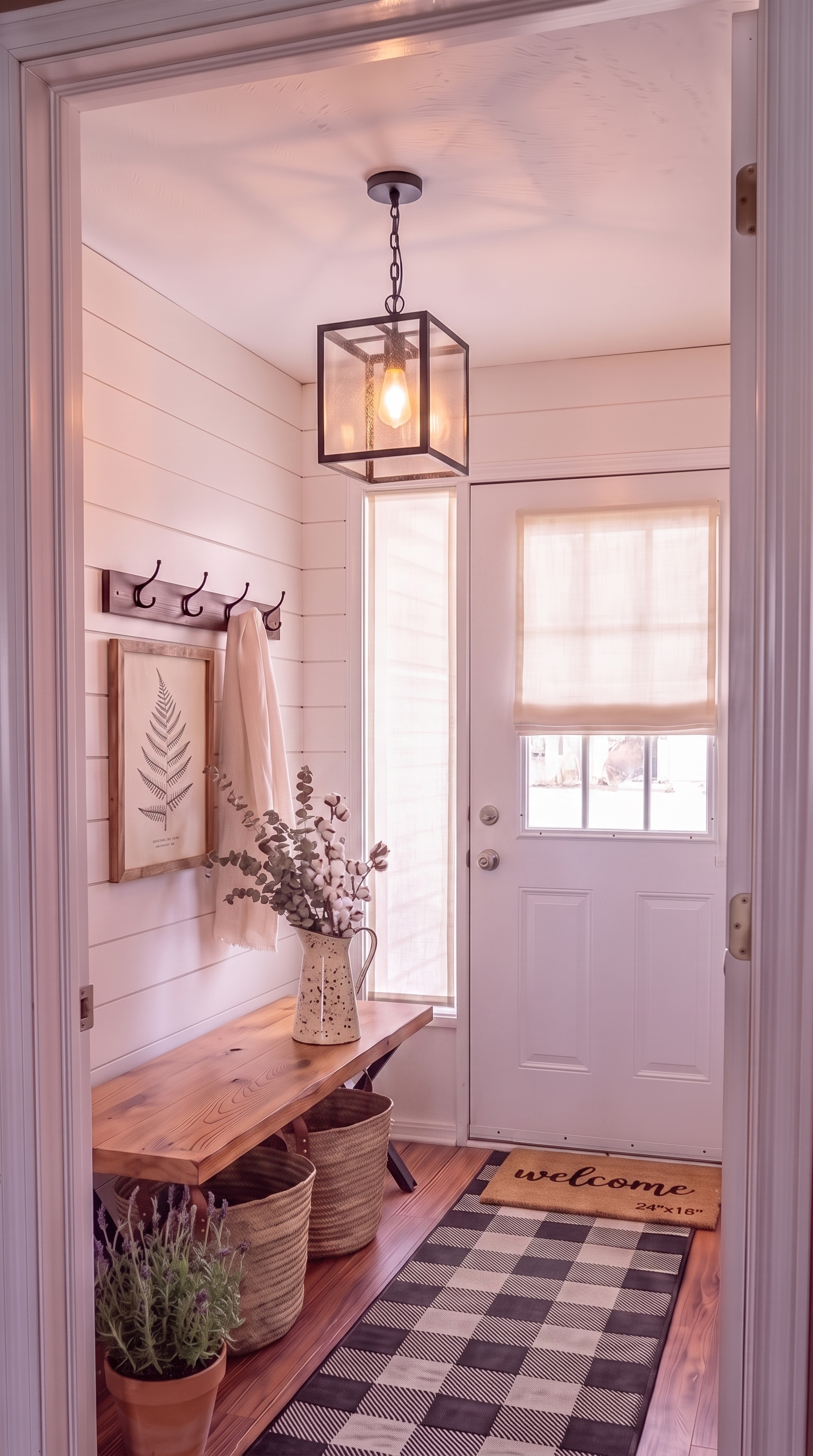 After: the same narrow entryway, now a Modern Farmhouse mudroom that feels like it belongs in the rest of the house