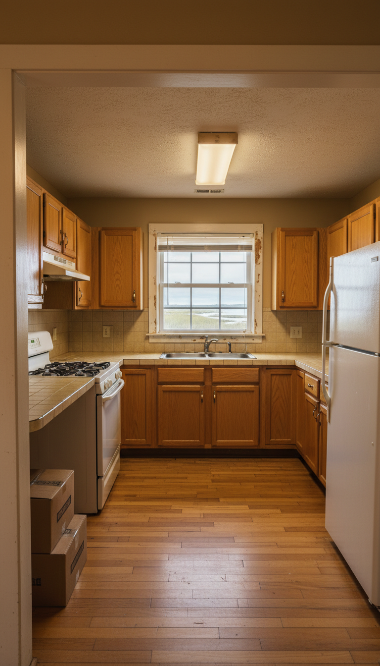 Before: a dated 1990s U-shape kitchen with honey-oak cabinets, cream tile counters, beige tile backsplash, popcorn ceiling, and a coastal marsh view through the back window