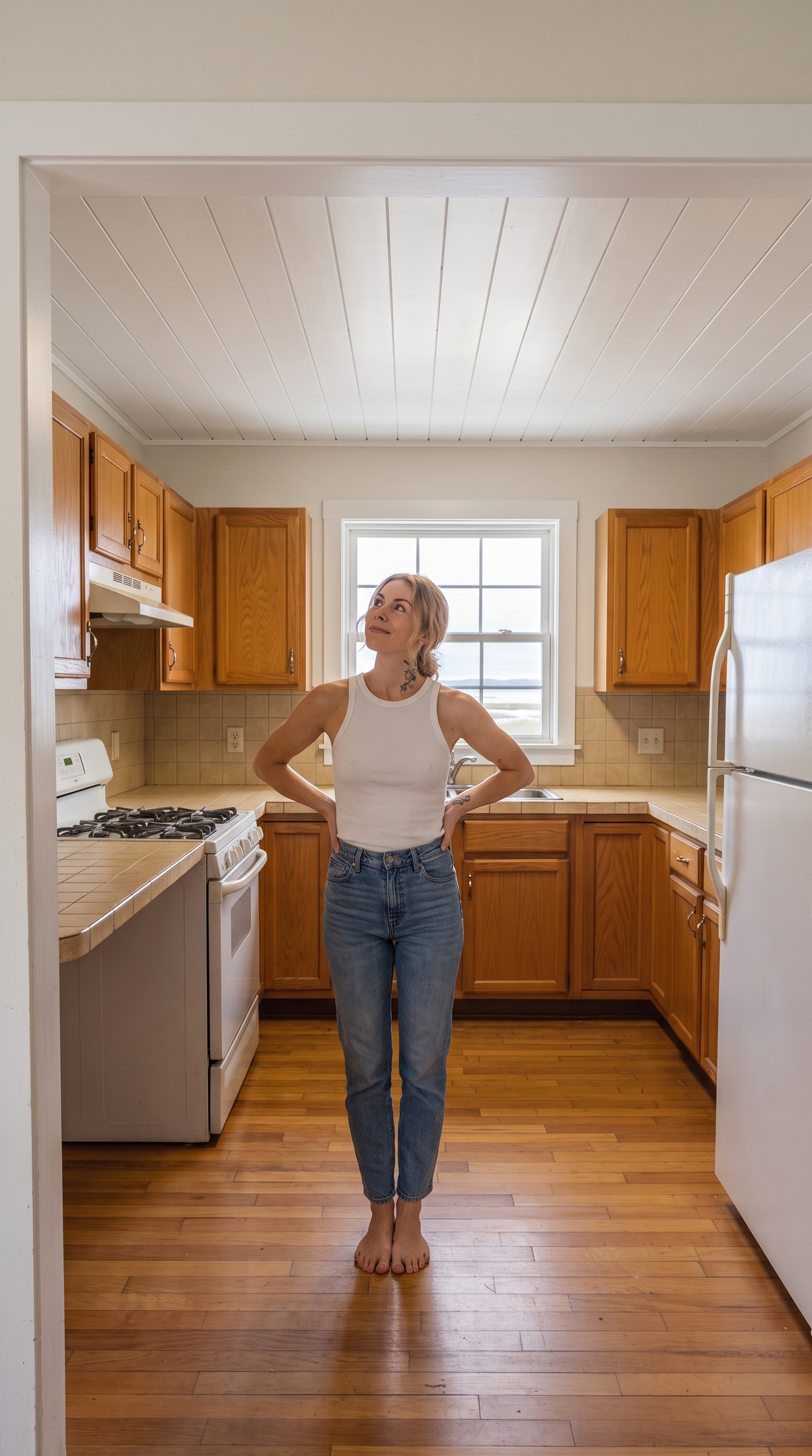 The same kitchen after the popcorn ceiling has been replaced with cottage white horizontal shiplap planks, the walls have been repainted a warm dove-white, and the sash of the back window has been repainted crisp white so the marsh view reads clean