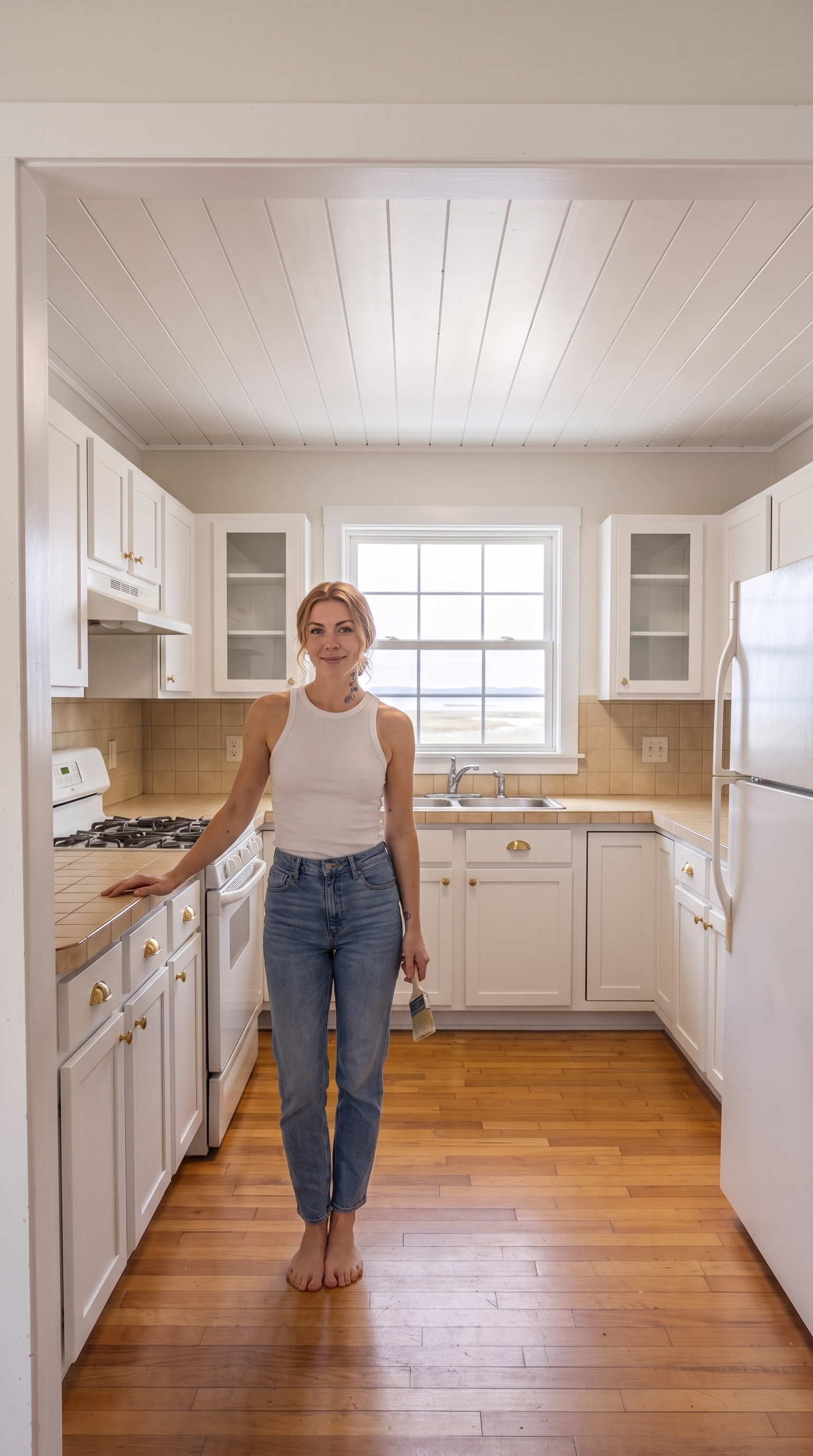 The same U-shape kitchen with the honey-oak cabinets fully repainted a soft cottage white with clean shaker rails, unlacquered-brass cup-pull drawer handles and matching brass knobs, and the two upper cabinets flanking the window swapped to glass-front doors with wooden mullions