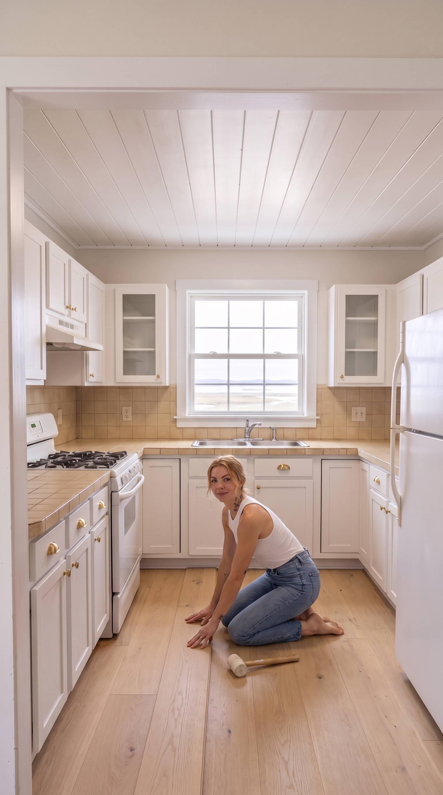 The scratched honey-maple floor has been replaced with wide-plank rift-sawn white oak hardwood extending seamlessly across the entire kitchen — the center of the floor is left completely empty edge-to-edge, no island, no table