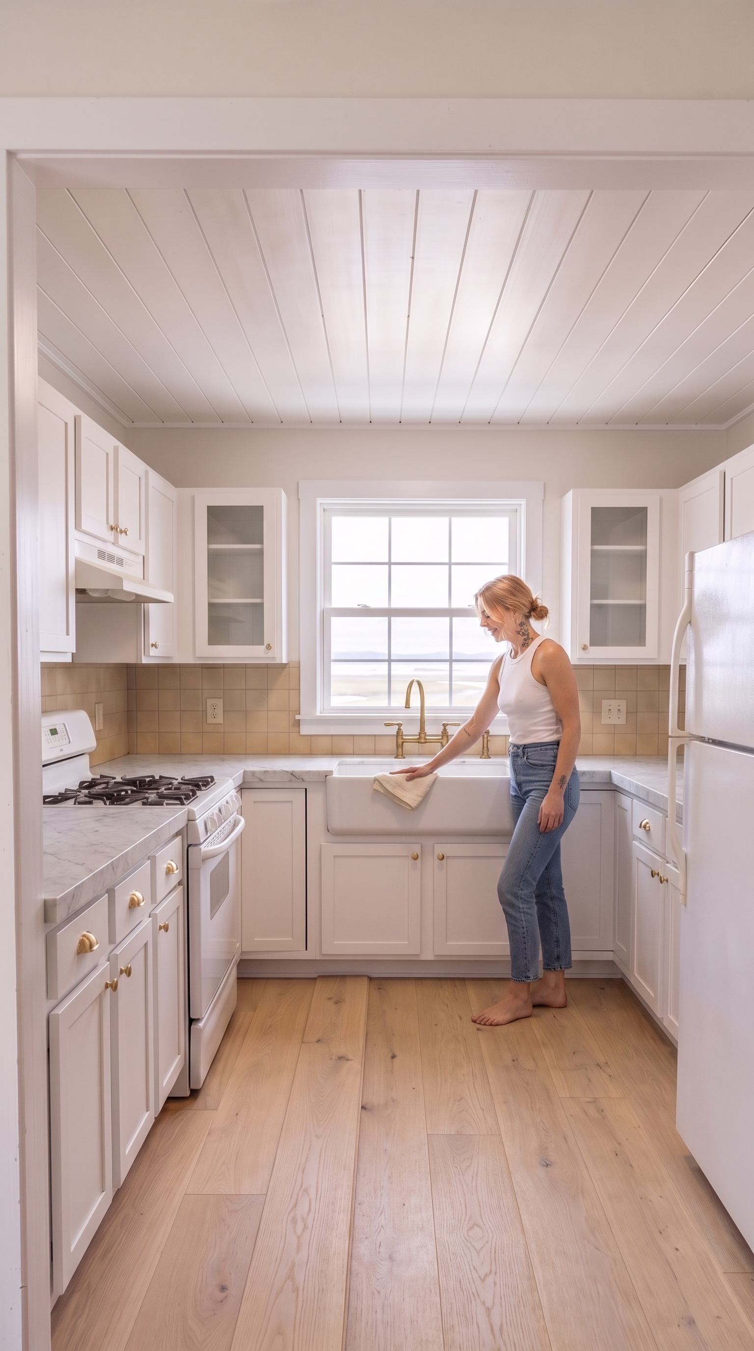 Honed white Carrara marble perimeter counters wrapping all three walls with a square edge, a single-basin white fireclay farmhouse apron-front sink centered under the back-wall window, and an unlacquered-brass gooseneck bridge faucet with side-lever handles