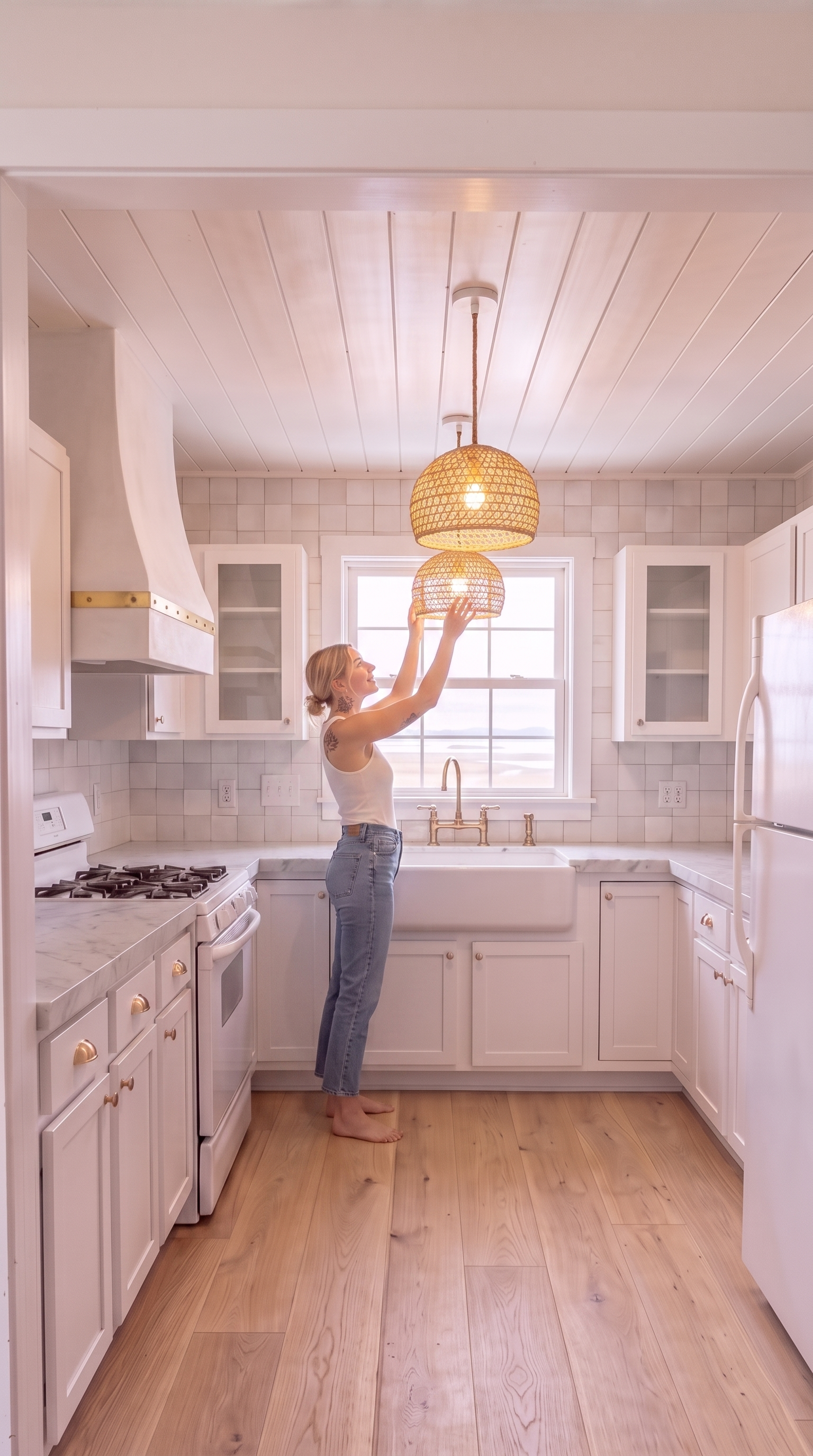 Two woven natural rattan basket-weave dome pendant lights hanging in a linear row from the shiplap ceiling directly above the fireclay farmhouse sink in front of the back-wall window, glowing warm-white through the open weave, with white oak floating shelves flanking the plaster hood on either side