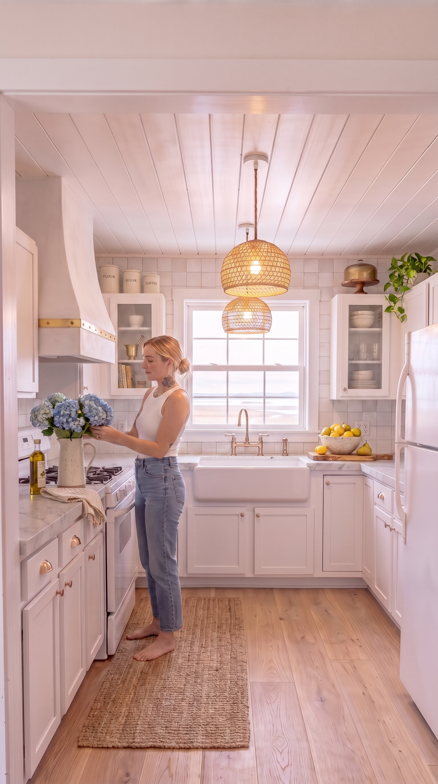 Full coastal styling: cream ceramic canisters labeled Flour Sugar Coffee with a brass mortar and pestle on the left-side white oak shelves flanking the plaster hood, antique brass cake dome and nested cream mixing bowls with a trailing pothos on the right-side shelves, a speckled stoneware bowl of Meyer lemons and pears on the counter beside the sink, a speckled cream ceramic pitcher of blue hydrangeas and an olive branch on the counter between the sink and the range, and a small woven jute runner rug along the left-wall side of the floor
