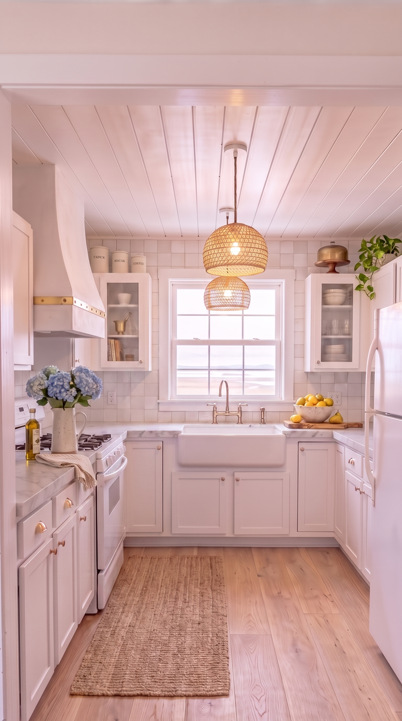 After: the same U-shape kitchen, now a coastal cottage — cottage white shiplap ceiling, dove-white walls, white shaker cabinets with brass cup pulls, wide-plank white oak floor with the center completely empty edge-to-edge, honed marble counters with a fireclay farmhouse sink under the back window with the marsh view, glossy zellige backsplash, custom white plaster range hood with brass strap on the left wall, two rattan pendants glowing above the sink, styled shelves flanking the hood, hydrangeas and Meyer lemons on the counters, small jute runner along the left-wall side