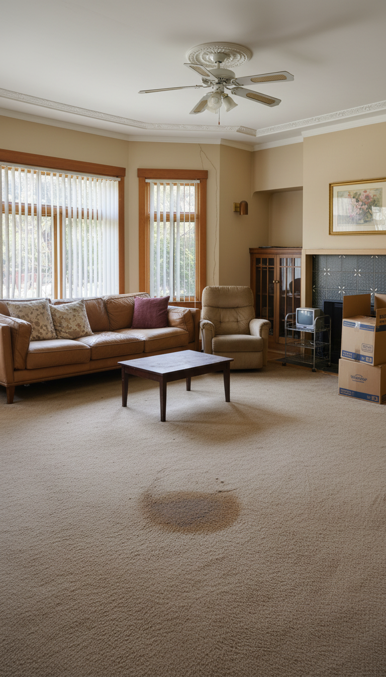 Before: a dated San Francisco Victorian living room with dusty vertical blinds over a bay window, dingy beige walls with a hairline crack, a plastic ceiling fan under ornate crown molding, a boxy beige-tile fireplace, tan wall-to-wall carpet with a coffee stain, a caramel leather rental sofa, a tan corduroy recliner, cardboard moving boxes, and a tube TV on a wire cart