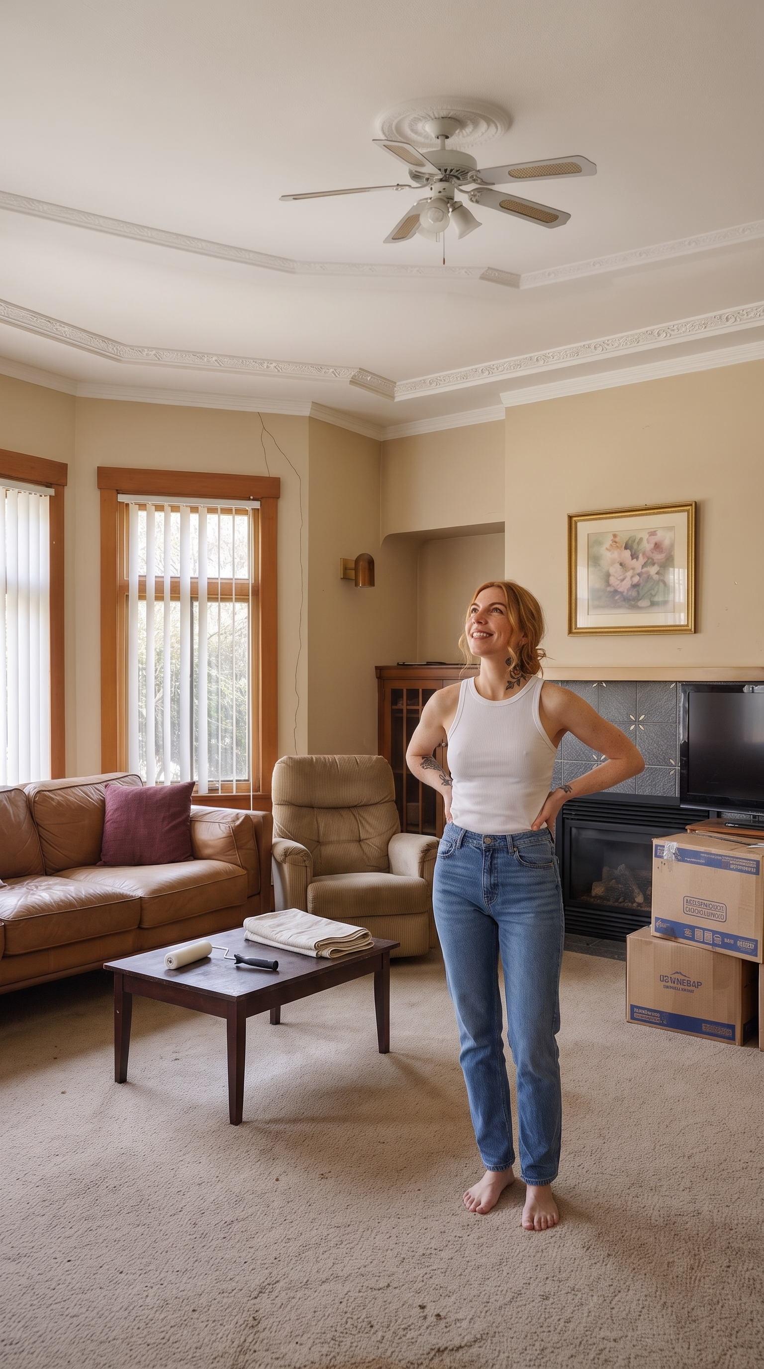 The same living room with the plastic ceiling fan removed, the plaster ceiling medallion restored, and the ornate curved crown molding freshly cleaned so the Victorian relief pattern reads crisp against a clean flat white ceiling