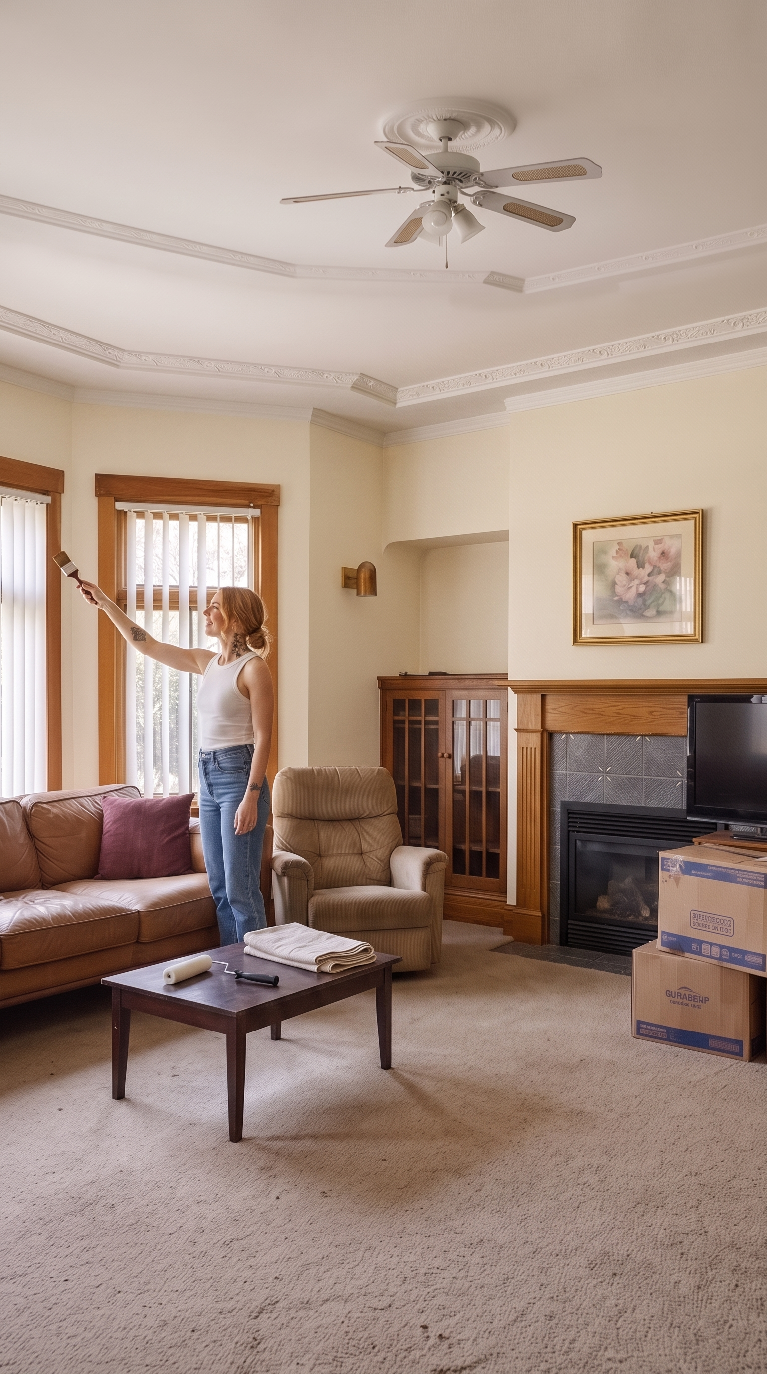The same living room with the walls freshly repainted a warm creamy off-white, the hairline crack skim-coated smooth, and the walnut window trim + doorway trim + fireplace mantel refinished in a warm walnut tone that glows honey against the cream