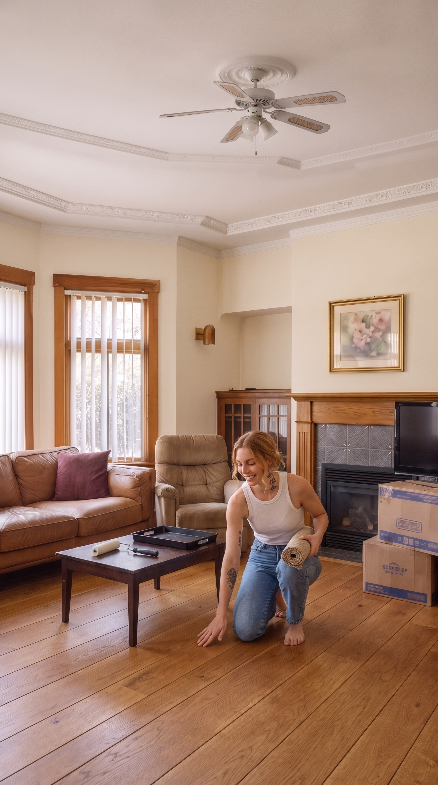 The scratched tan wall-to-wall carpet has been pulled up, the coffee stain is gone, and the original honey-walnut wide-plank hardwood is exposed edge-to-edge across the room