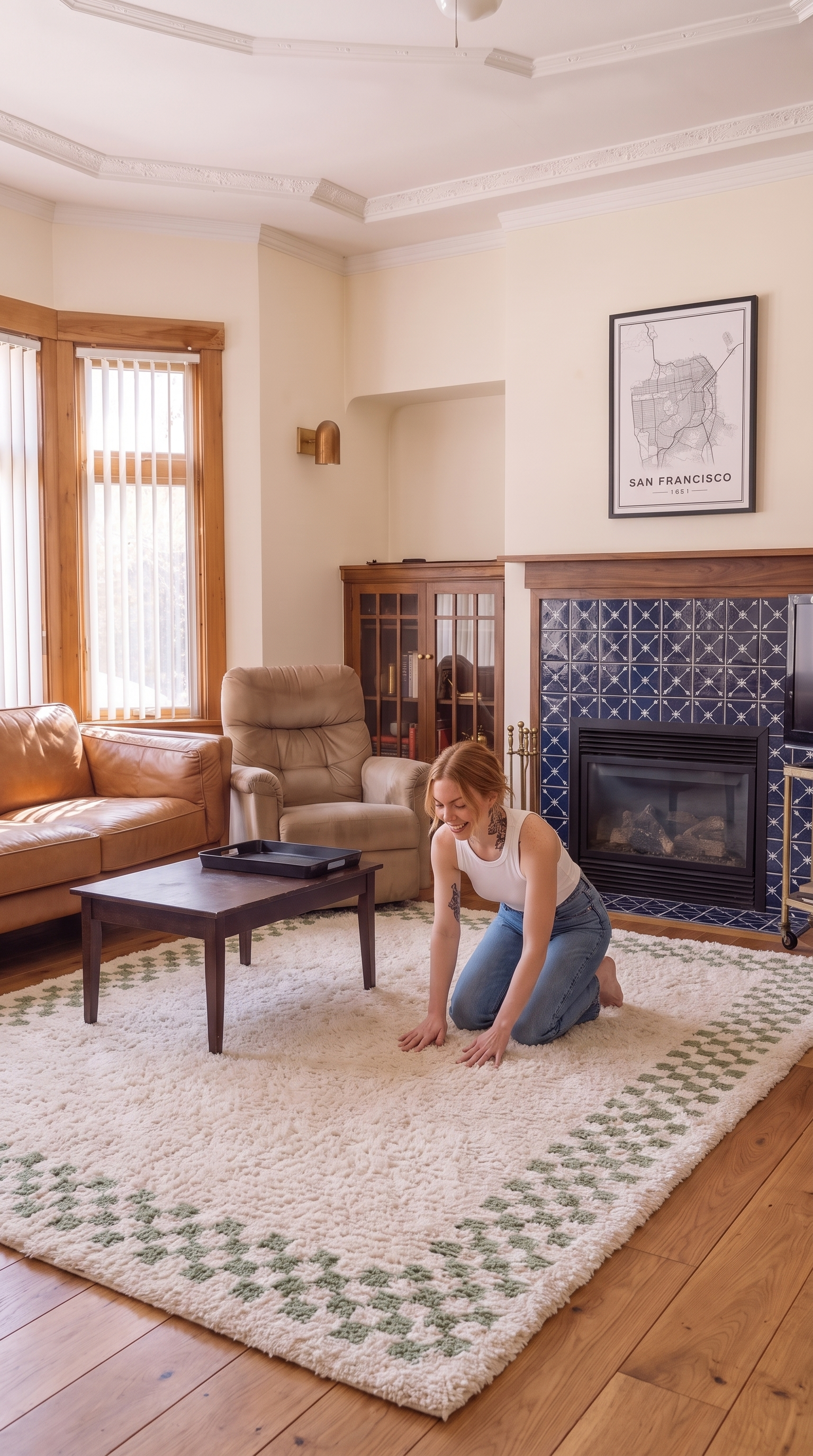 A cream shag area rug with a subtle moss-green geometric diamond-checkerboard edge pattern has been rolled out on the honey-walnut hardwood, covering the center of the room and anchoring the seating area with the fireplace on the right and the bay window on the left