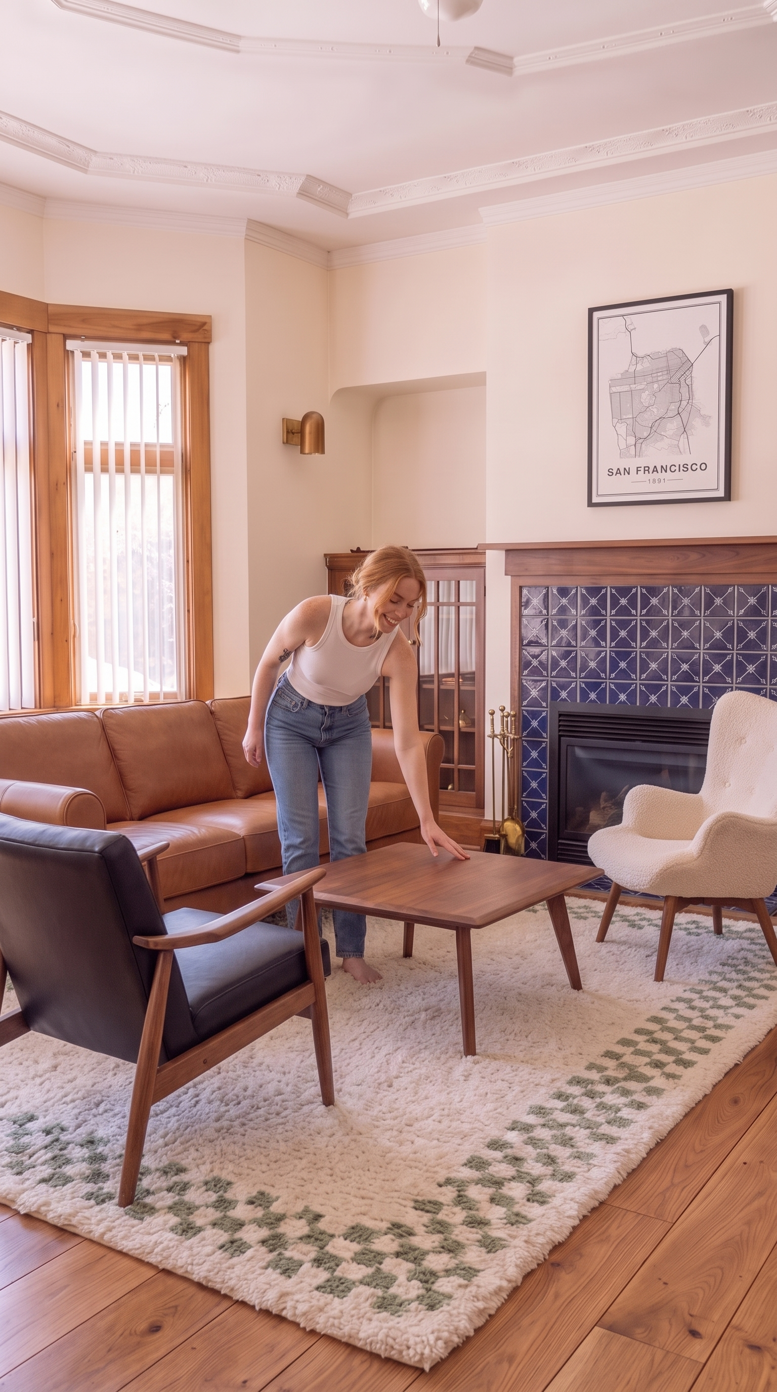 A black leather + walnut mid-century modern accent chair on the left side of the seating group, a cream boucle mid-century wingback accent chair with tapered walnut legs on the right side, and a low square warm walnut mid-century modern coffee table centered on the shag rug