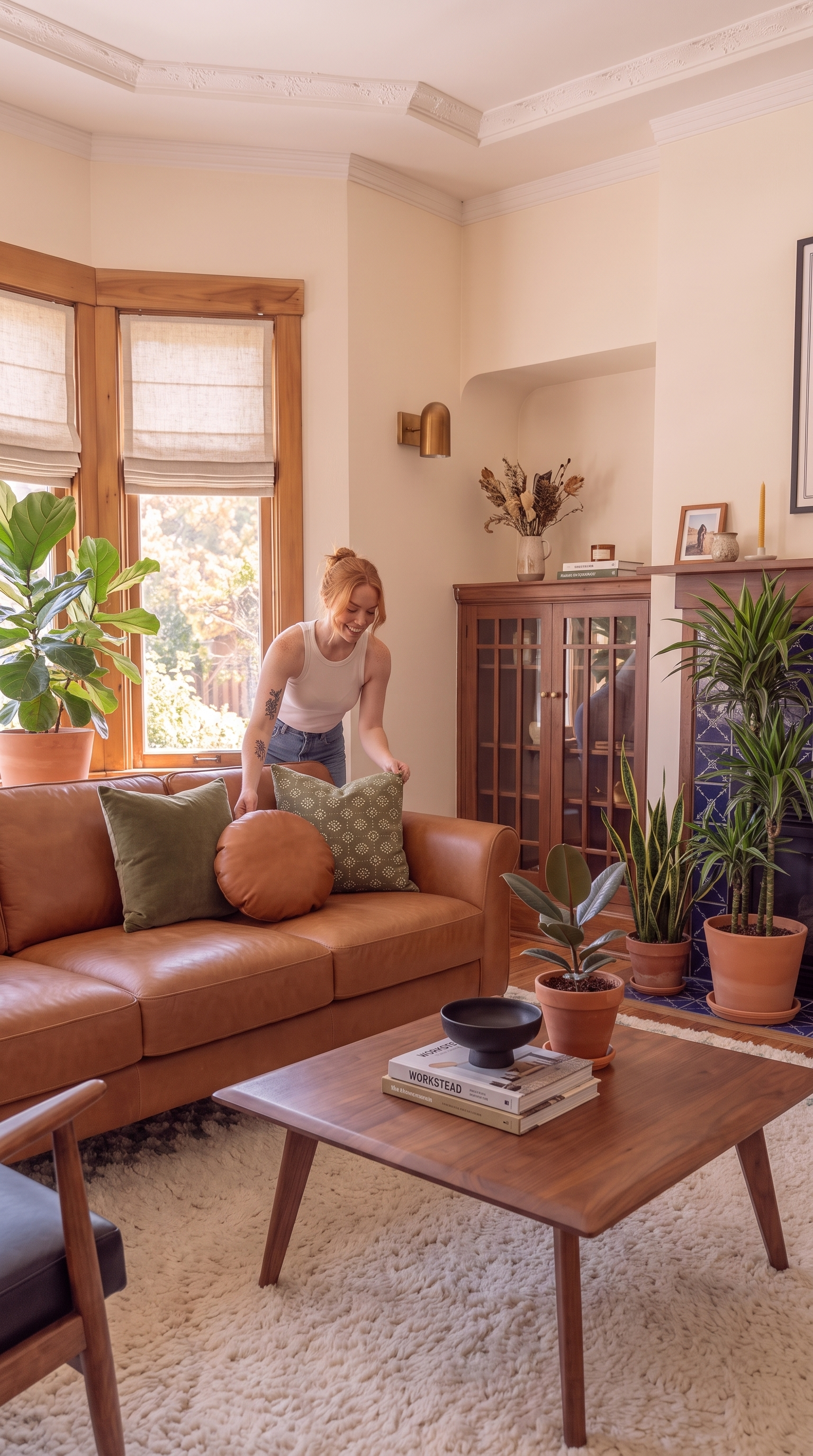 Full styling: three throw pillows on the caramel leather sofa (moss-green velvet on the left, caramel leather bolster in the center, moss-green cotton print on the right), oatmeal linen roman shades pulled halfway up on the bay window showing a leafy San Francisco garden view outside, a large fiddle-leaf fig in a terracotta pot beside the bay window, a tall dracaena in a terracotta pot on the right, a snake plant in a terracotta pot beside the walnut built-in cabinet, a rubber plant in a small terracotta pot on the walnut coffee table with a stack of warm-toned hardcover books and a matte-black ceramic bowl, a small ceramic pitcher of dried California-native botanicals on the walnut mantel with a small warm-toned framed photo, a beeswax candle, and a small ceramic vessel