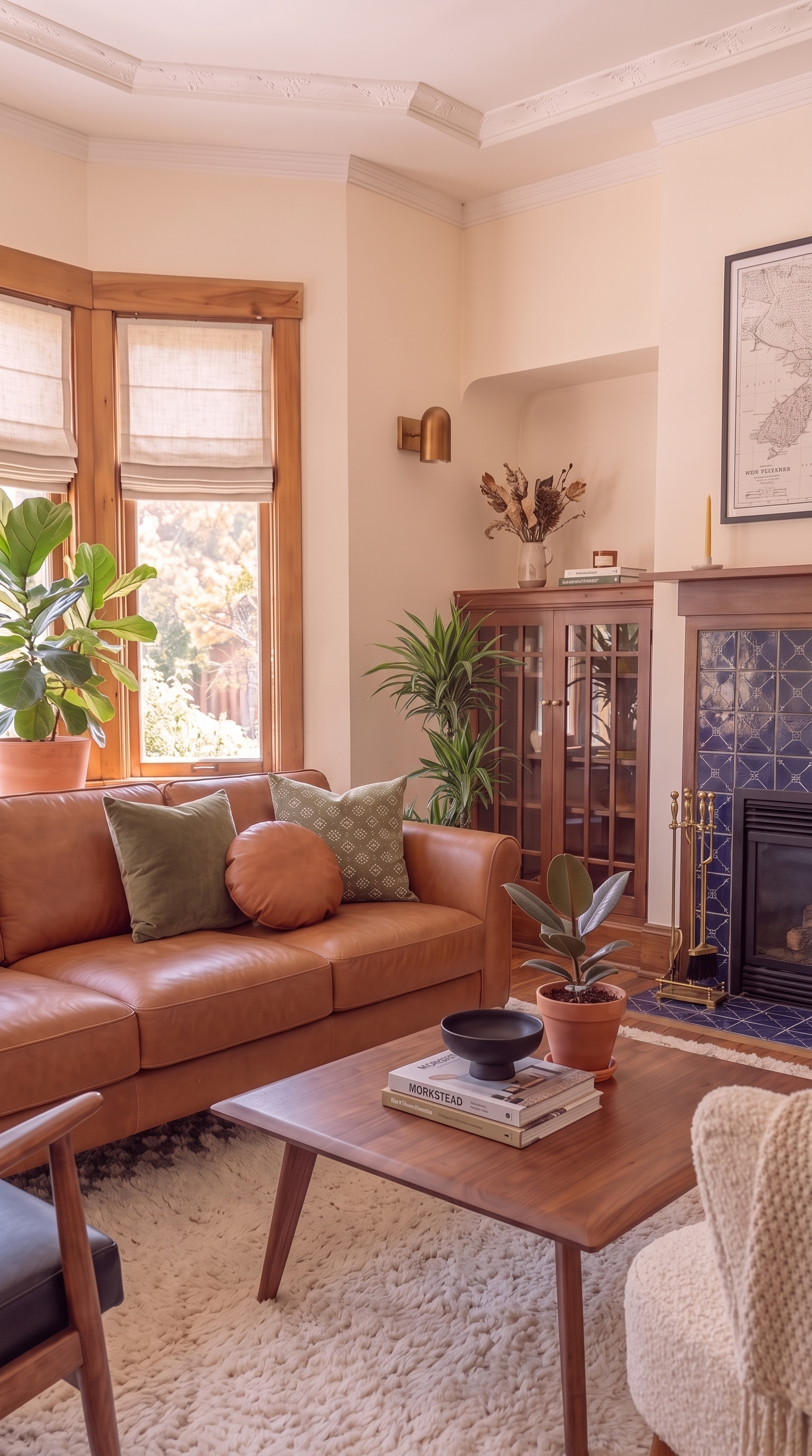After: the same San Francisco Victorian living room, now a warm Californian mid-century modern space — restored plaster crown molding + ceiling medallion, warm cream walls, refinished walnut window trim, honey-walnut wide-plank hardwood floor, cream shag rug with a moss-green diamond edge, caramel full-grain leather MCM sofa against the left-wall bay window with three throw pillows, black leather + walnut MCM accent chair on the left, cream boucle wingback with tapered walnut legs on the right, low walnut coffee table in the center with a stack of books + matte-black ceramic bowl + rubber plant, dark navy Portuguese tile fireplace on the right with a walnut mantel + framed San Francisco map + brass hearth tools + brass sconce, walnut built-in cabinet with mullioned glass doors, fiddle-leaf fig + dracaena + snake plant in terracotta pots, oatmeal linen roman shades pulled halfway up on the bay window with the SF garden view outside