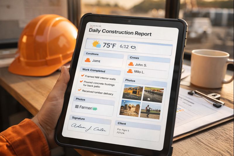 Comprehensive daily construction report on tablet showing weather conditions, crew members, work completed, photos, and client signatures