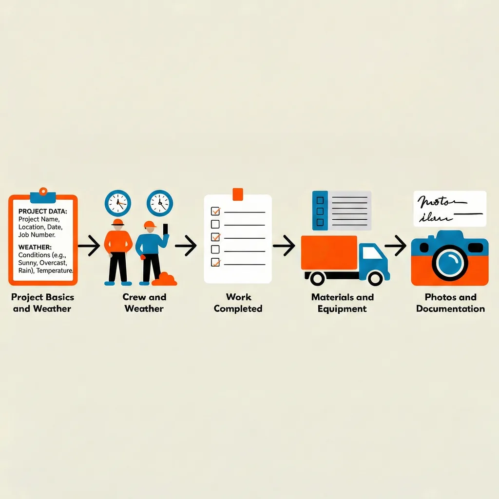 Daily construction report essential elements workflow showing 5 steps: project basics, crew hours, work completed, materials, and photo documentation