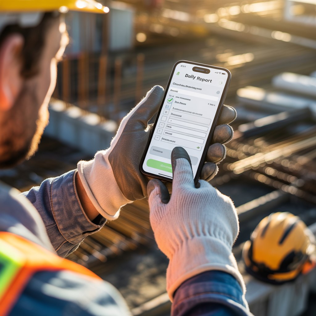 Construction worker completing daily report on mobile app with work gloves at job site during golden hour