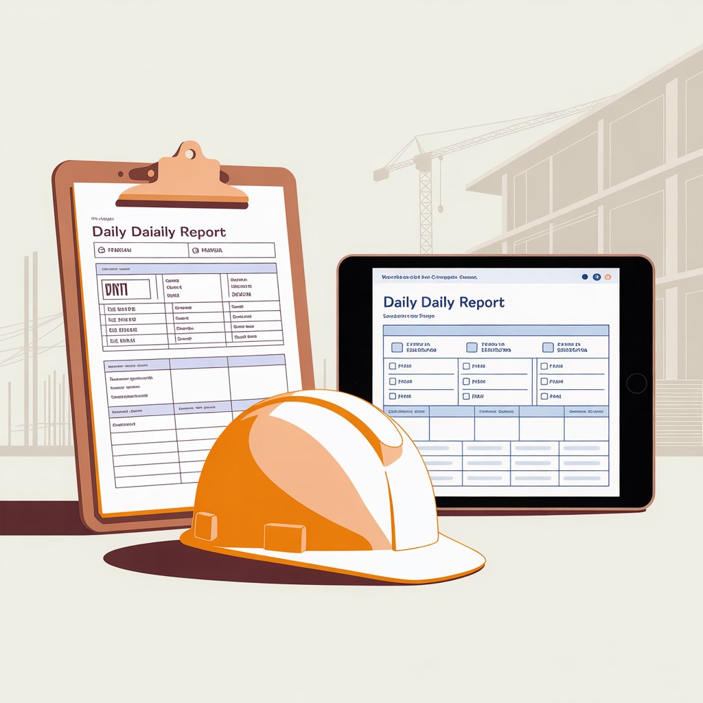 Paper daily construction report template on clipboard compared to tablet with digital construction management software
