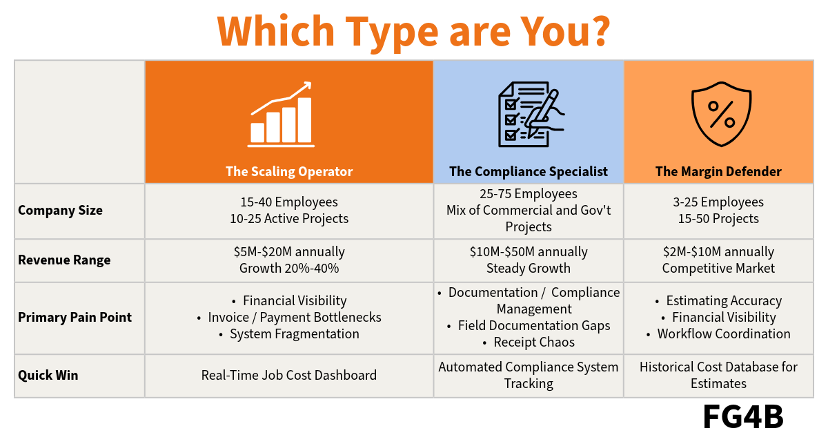 Three Contractor Personas: Scaling Operator, Compliance Specialist, and Margin Defender - Identify Your Business Type Which Type Are You? - comparison table showing three contractor personas: The Scaling Operator (15-40 employees, $5M-$20M revenue), The Compliance Specialist (25-75 employees, government projects), and The Margin Defender (3-25 employees, $2M-$10M revenue), with their primary pain points and quick wins