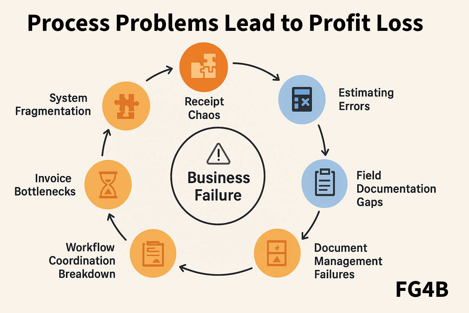 The Contractor Profit Death Spiral: How Eight Operational Problems Compound Into Business Failure The Contractor Death Spiral - diagram showing how eight profit leaks interconnect in a circular pattern leading to business failure, including system fragmentation, receipt chaos, estimating errors, field documentation gaps, document management failures, workflow coordination breakdown, invoice bottlenecks, and their cyclical relationship