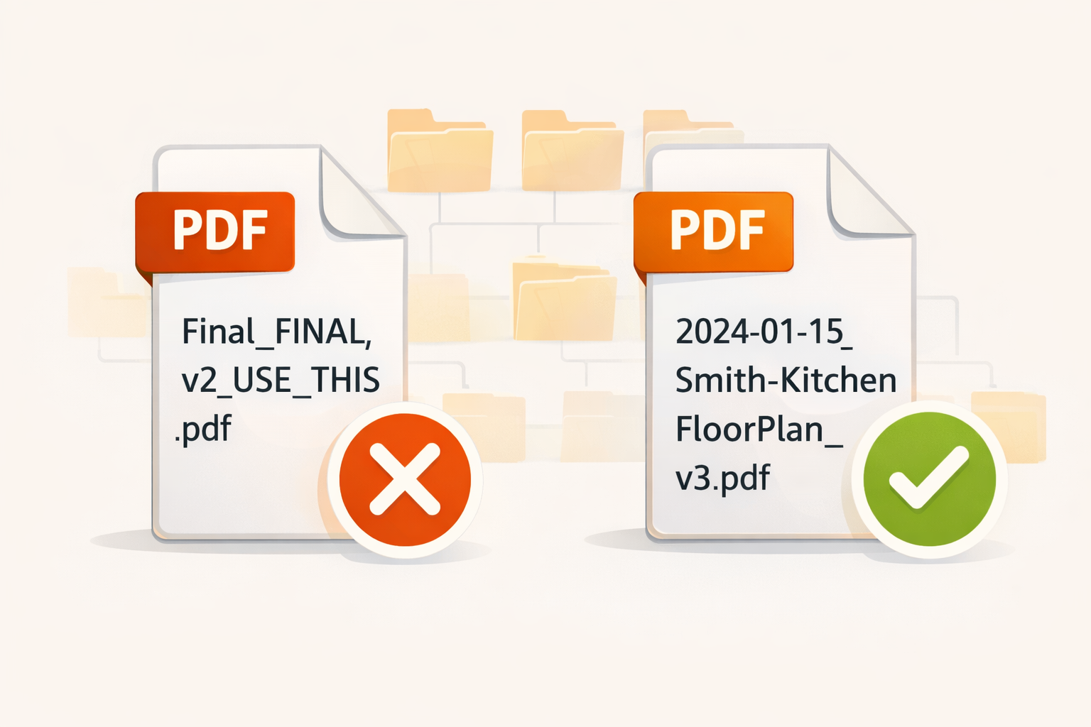 Construction document file naming convention showing date, project, and version number