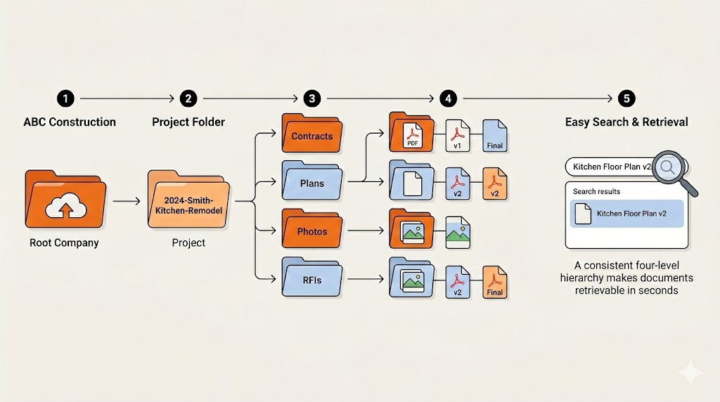 Four-level construction document folder structure from company to project files
