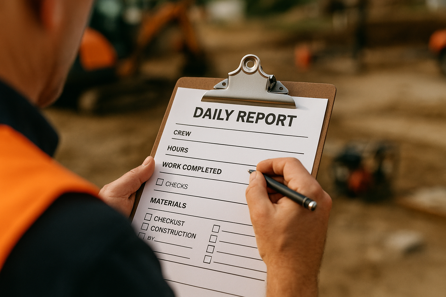 Effective daily report templates balance comprehensive documentation with simplicity, making it easy for supervisors to capture essential information quickly. Construction supervisor completing daily report template on clipboard at job site