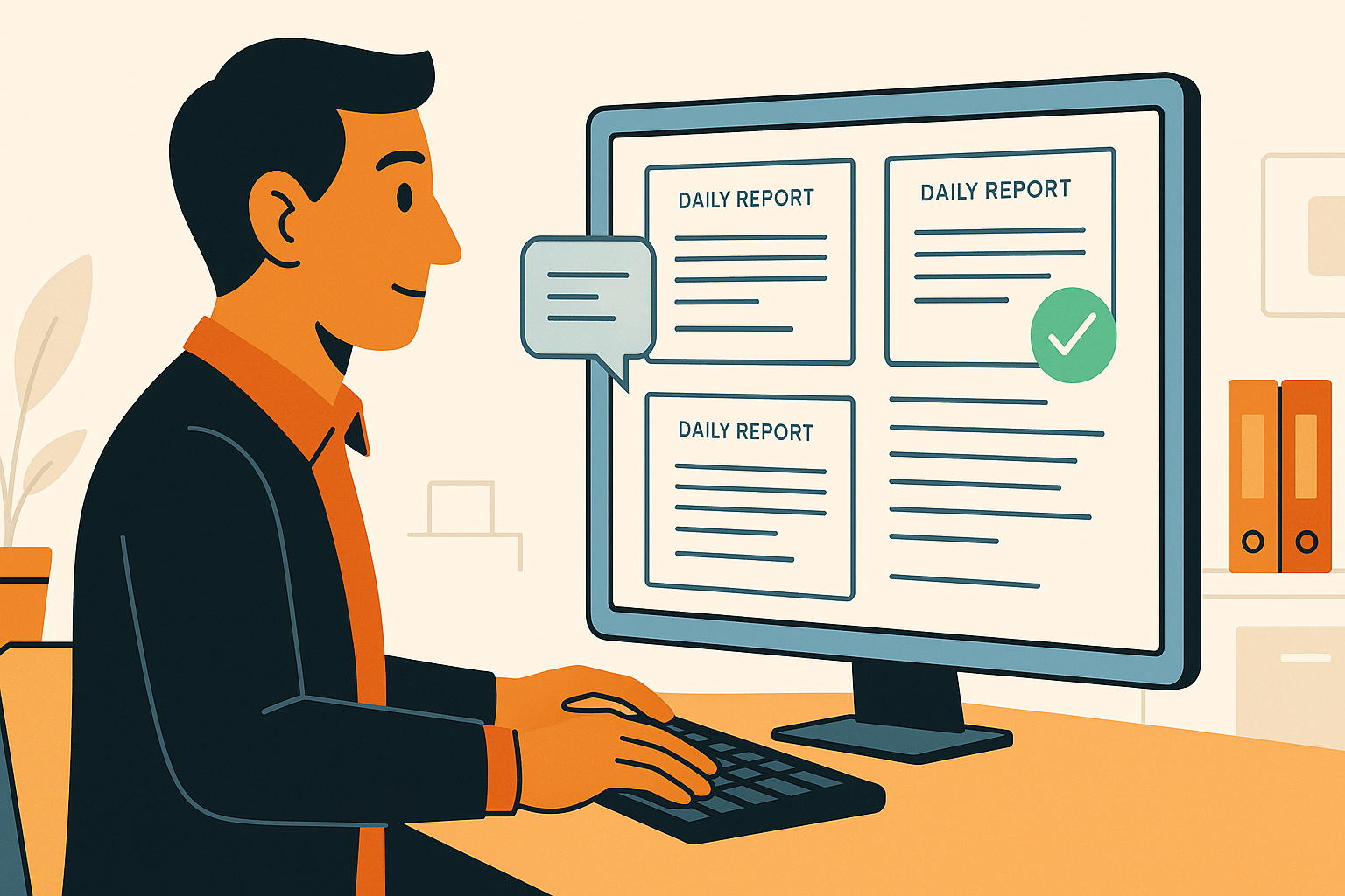 Accountability systems that include timely review and response to reports are essential for sustaining supervisor documentation habits long-term. Project manager reviewing and responding to supervisor daily reports on computer