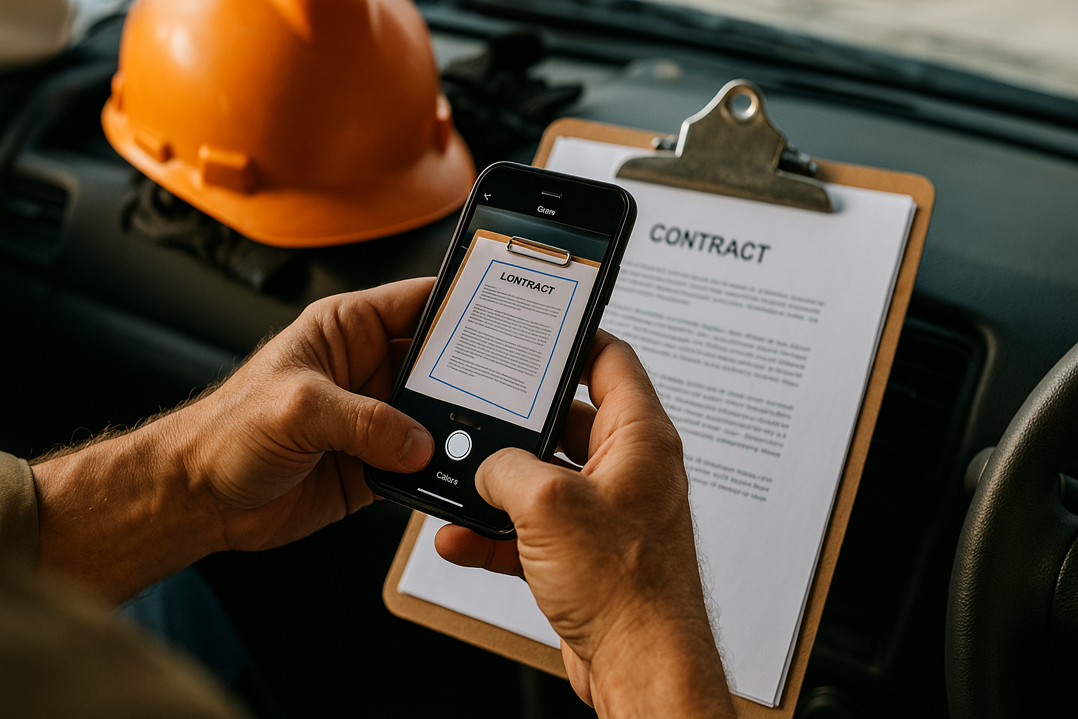 Contractor scanning paper documents with mobile phone app for digital filing system