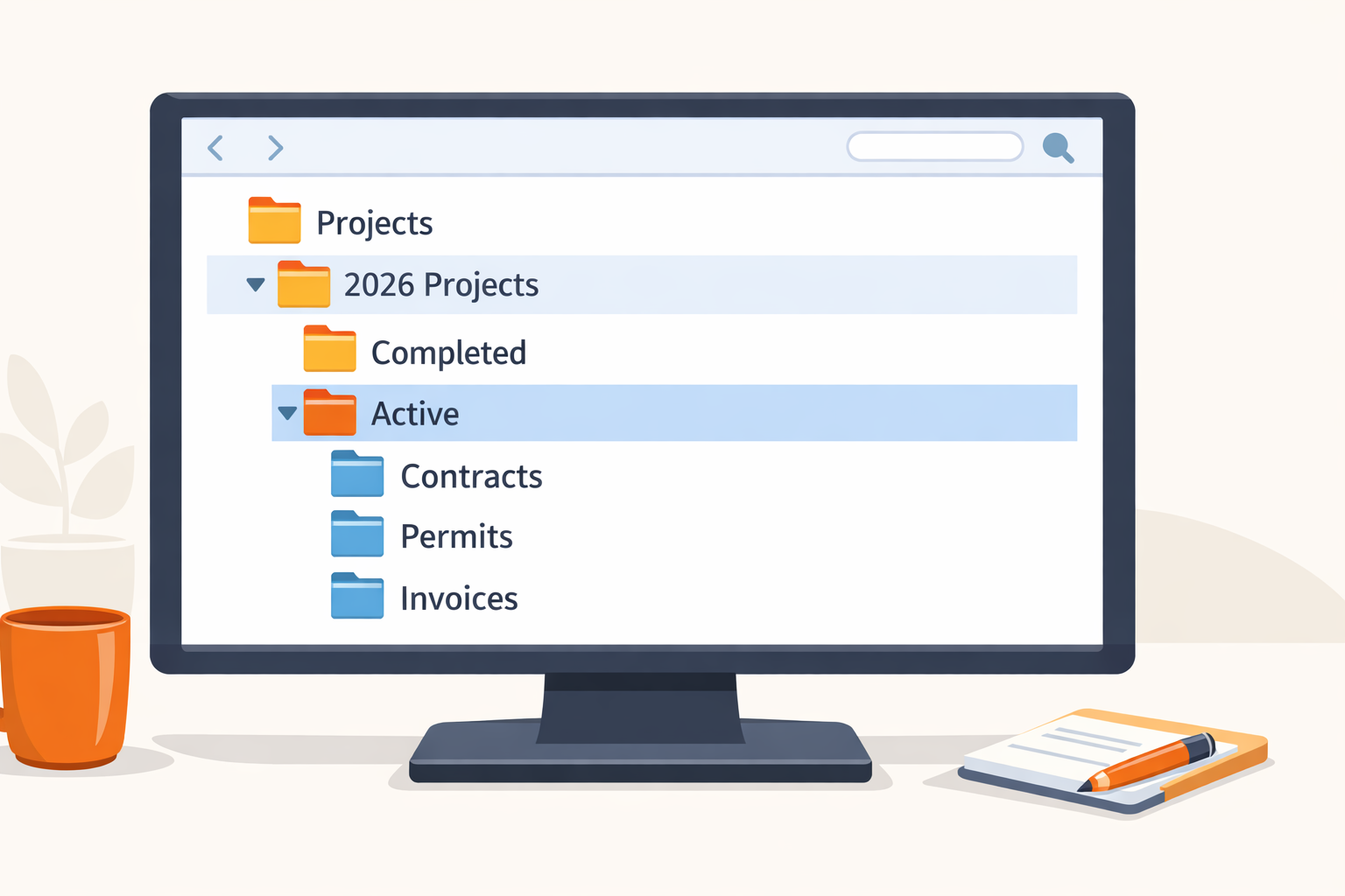 Construction project folder structure showing organized hierarchy for contractor documents