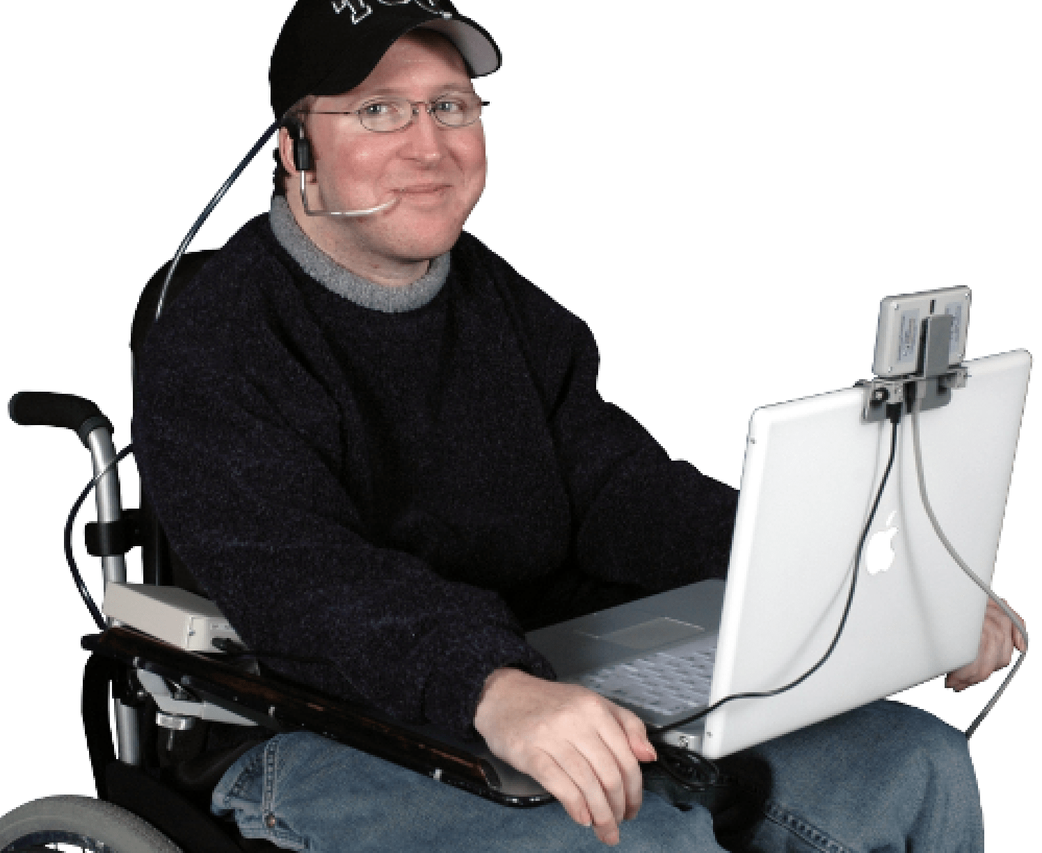 A user with a sip and puff held in the side of his mouth