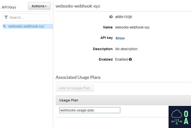 Screenshot of AWS API Gateway API Key to Usage Plan Settings Page