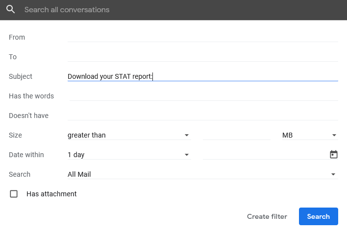 GMail Filter screen