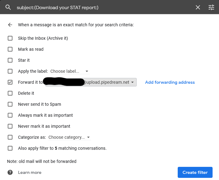 GMail filter screenw ith forwarding email setup