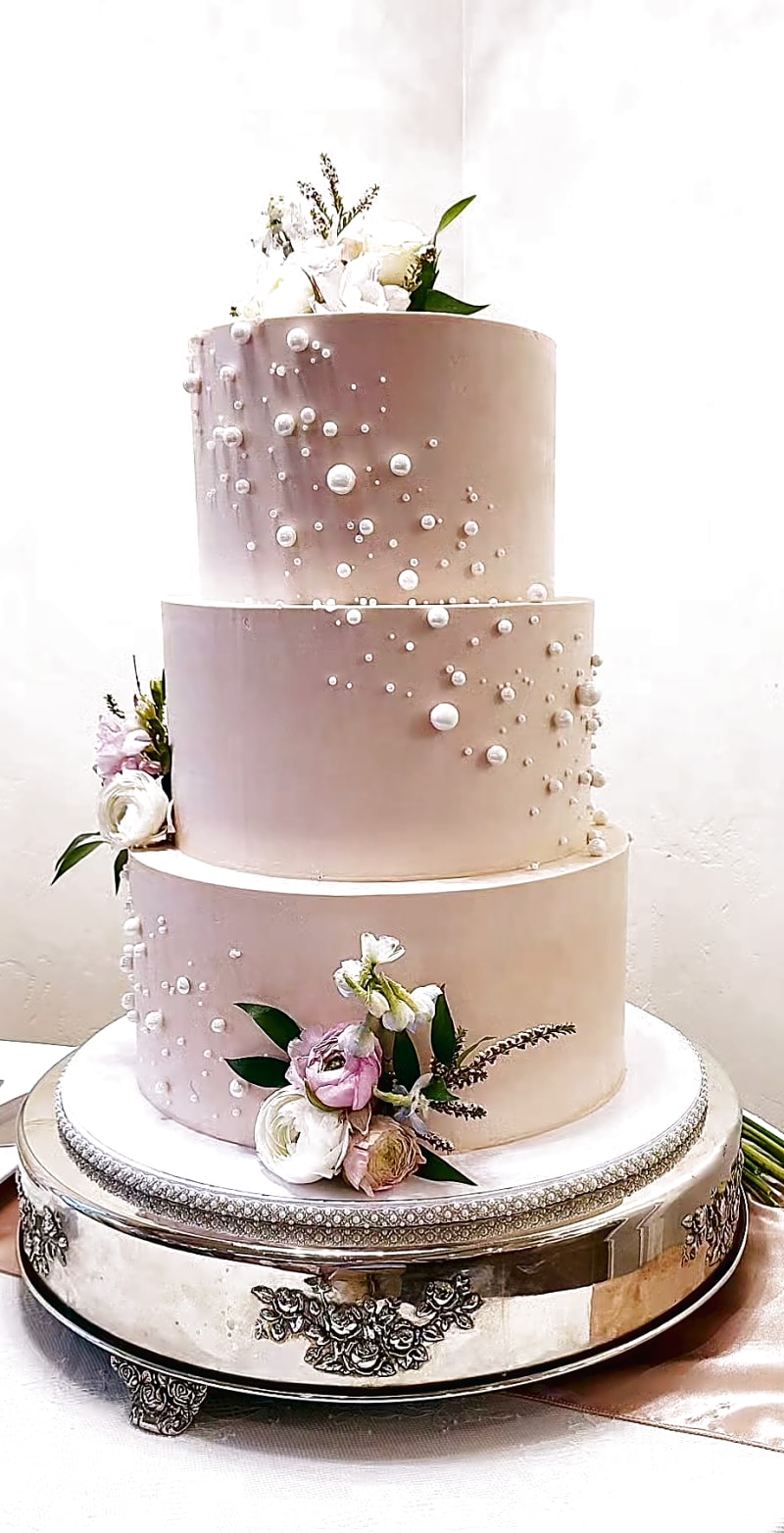 Pearl-studded wedding cake at Copper Creek Event Center, Salt Lake City, by Sweet E's