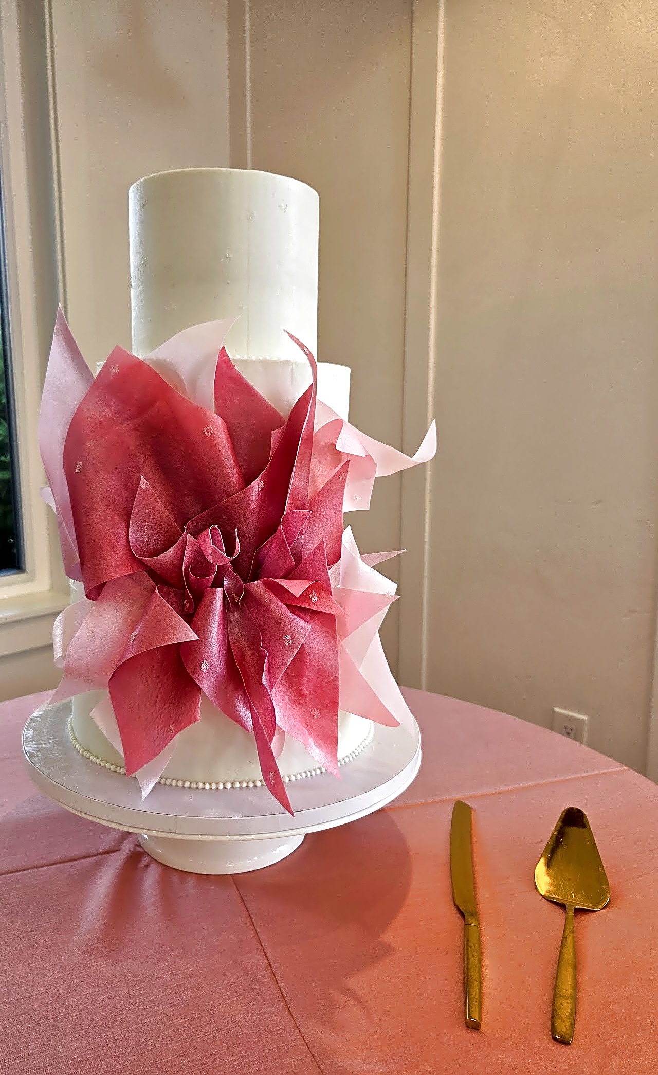 River Bridge wedding cake with pink wafer paper flower | Sweet E's