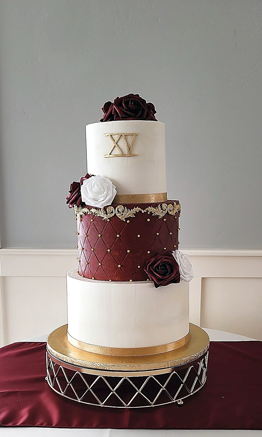 Utah Wedding Cake with Regal Burgundy and Gold Details | Sweet E's