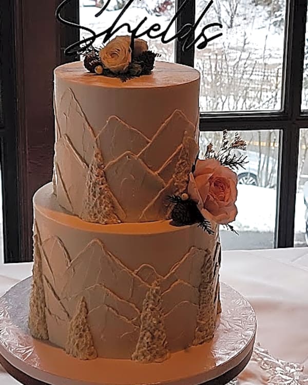 Winter wedding cake ideas: two-tier white buttercream cake carved with mountains and pines, snow outside the window, by Sweet E's Bakery