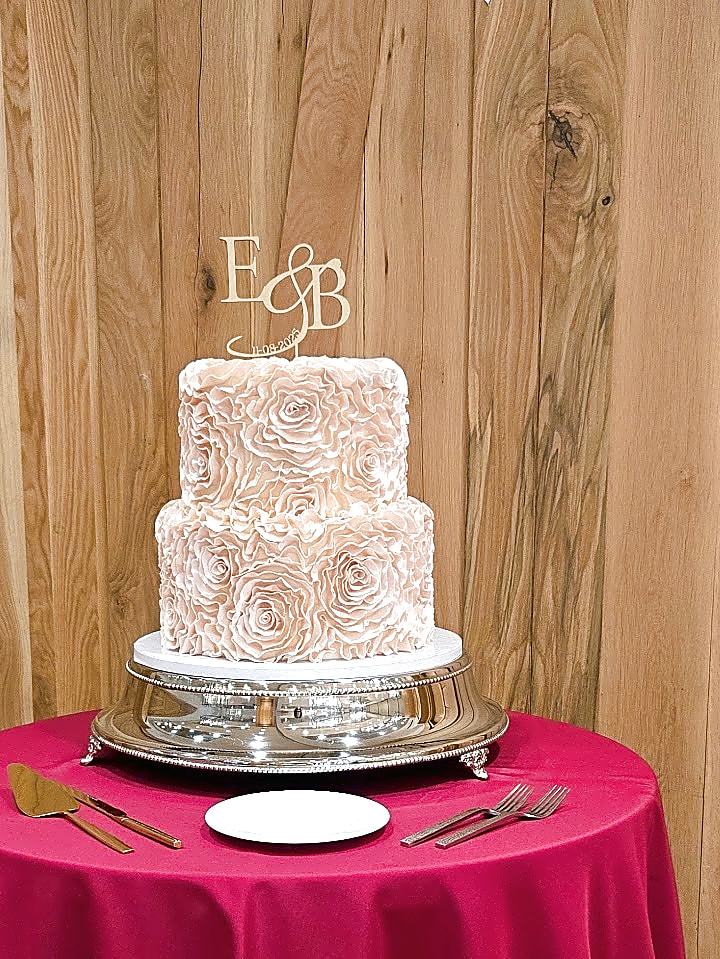 Snowpine Lodge wedding cake in blush rosettes | Sweet E's