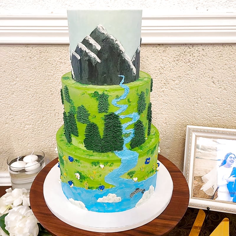 Painted mountain wedding cake at Chillon Reception Center, Provo, by Sweet E's