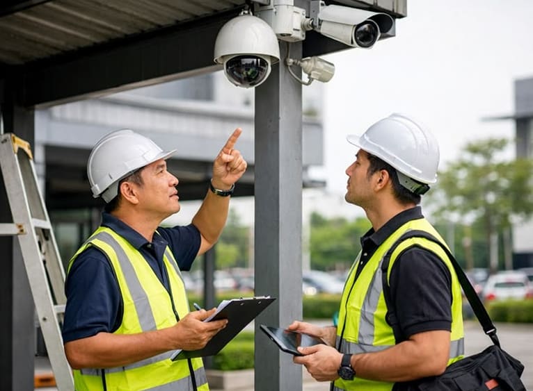 Technicien MDS installant une caméra de surveillance en hauteur sur nacelle
