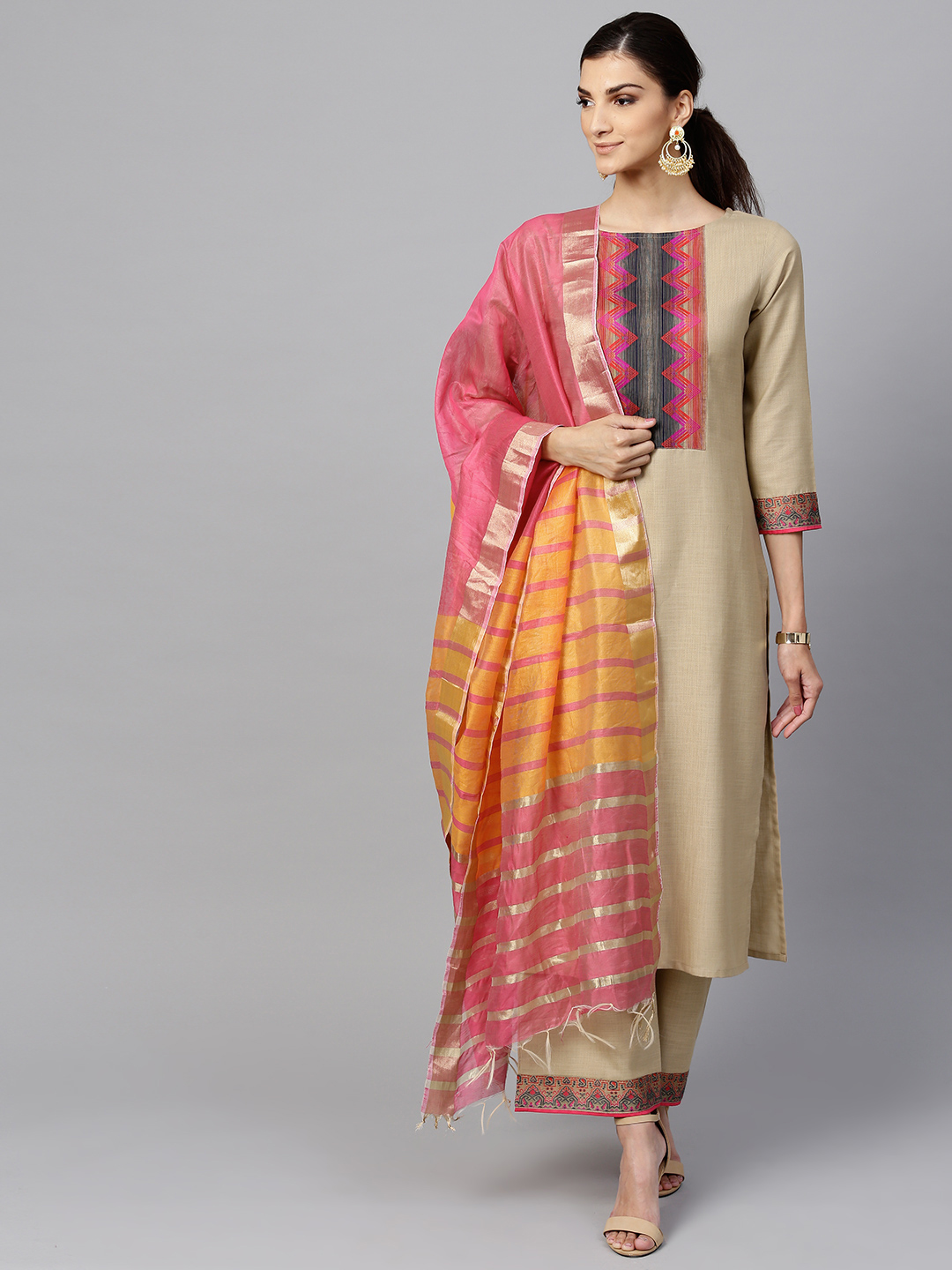 Indo Era Women Beige & Pink Yoke Design Kurta with Palazzos & Dupatta Price in India